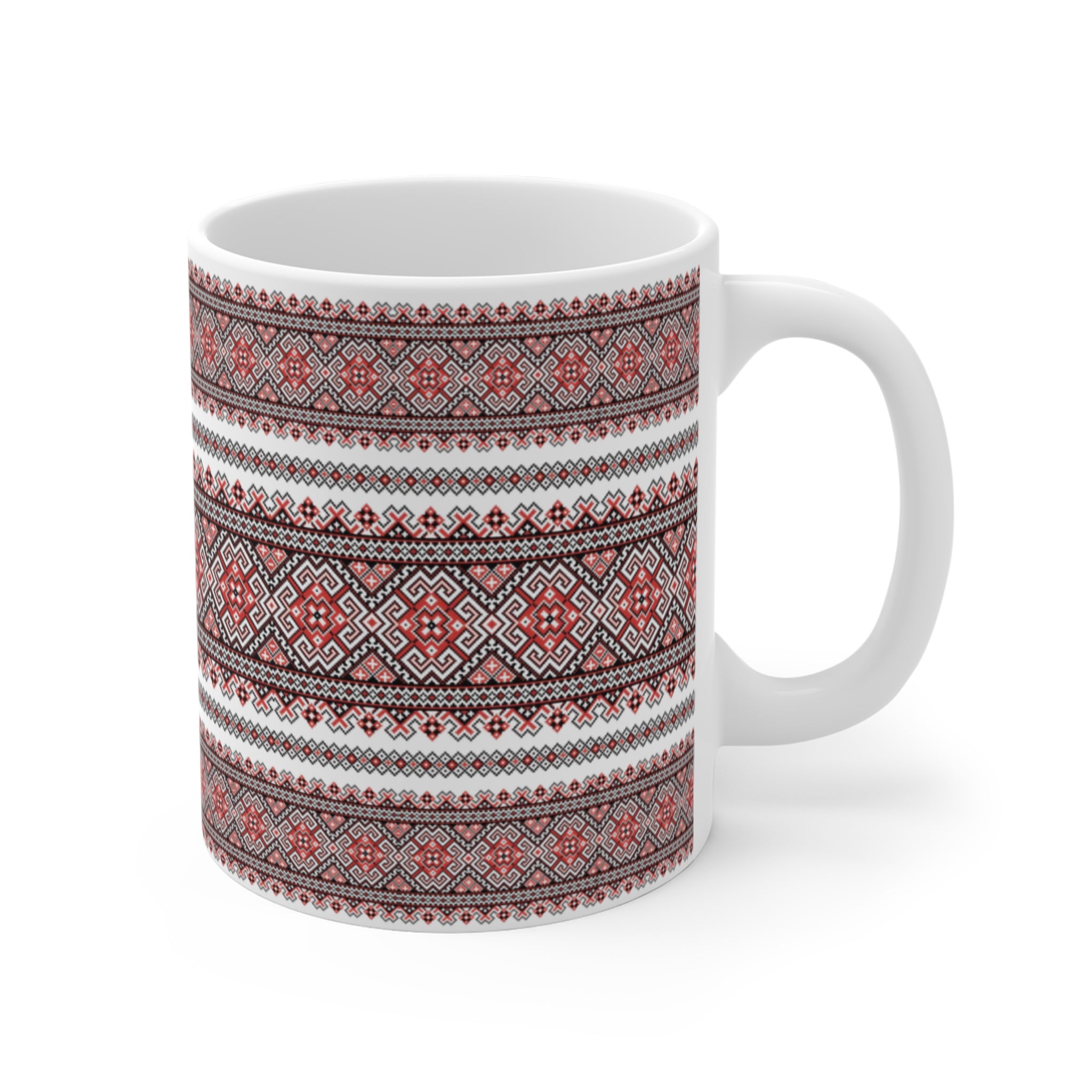 Pattern Red Ukrainian Pattern Mug 11 oz,  Folk Design Coffee Cup, Slavic Geometric Print Ceramic Mug