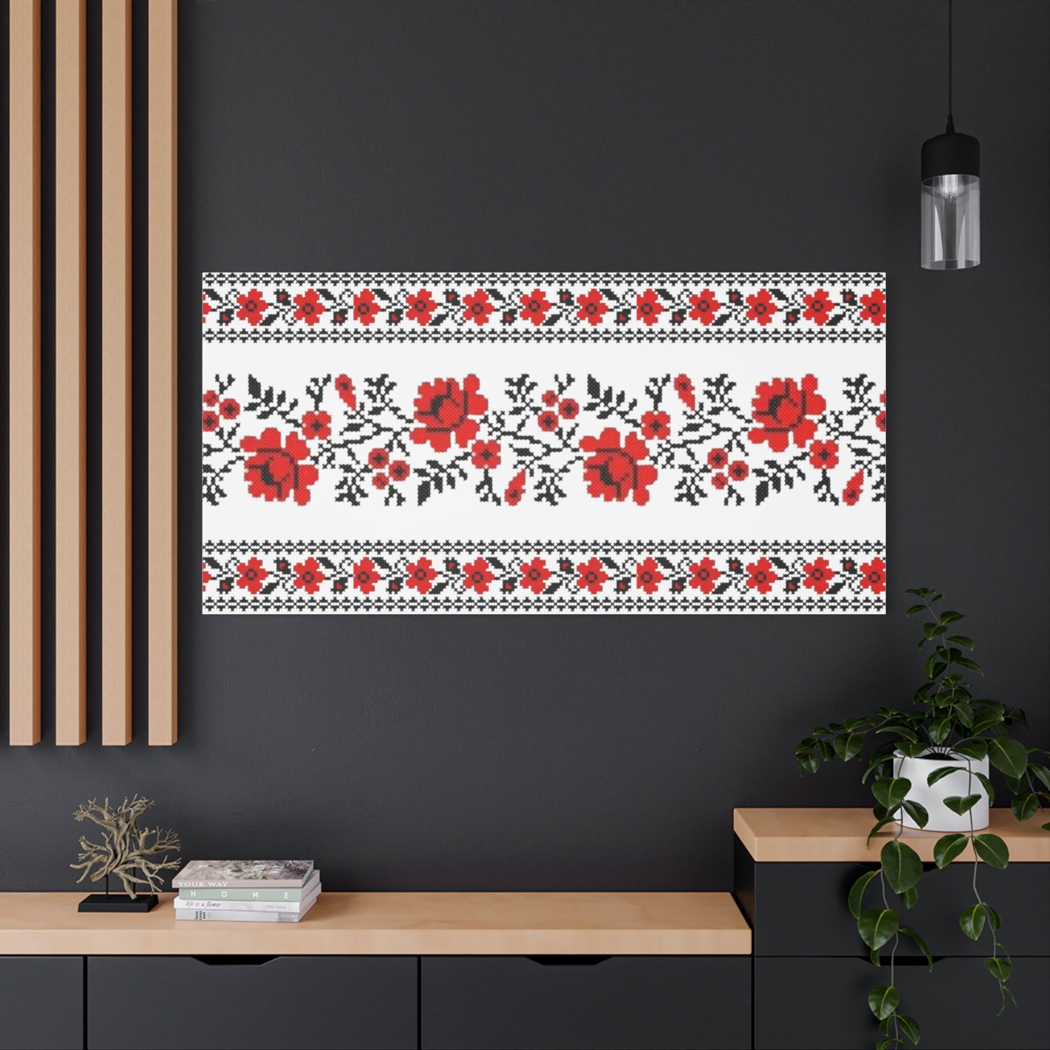 Ukrainian Embroidery Wall Art, Red Black Folk Floral Pattern, Traditional Slavic Home Decor Canvas for Living Room or Entryway, Matte Print, Stretched 1.25" Ready to Hang