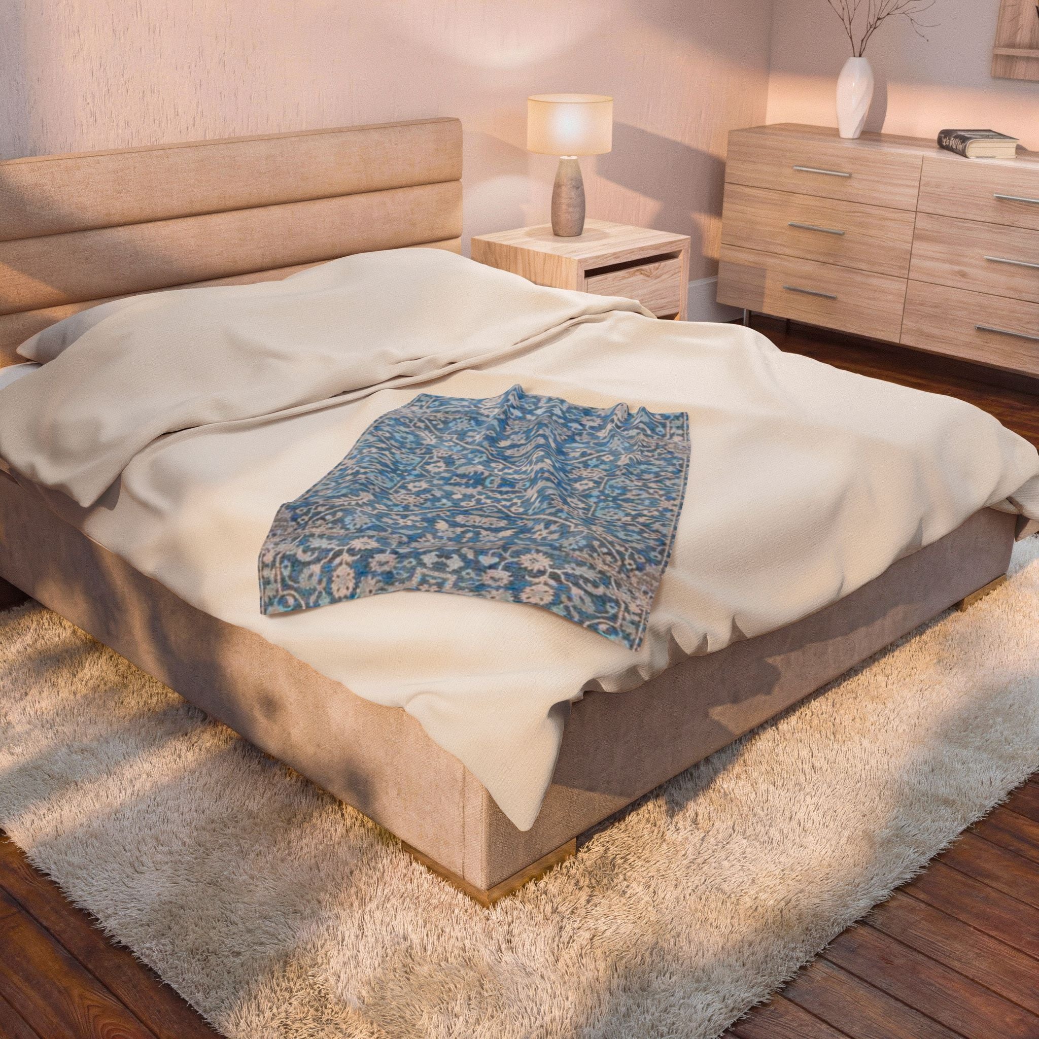 BLUESKYDEZIGN Grandmother's Heritage Velveteen Blanket - Blue Vintage Floral Boho Throw, Modern Rustic