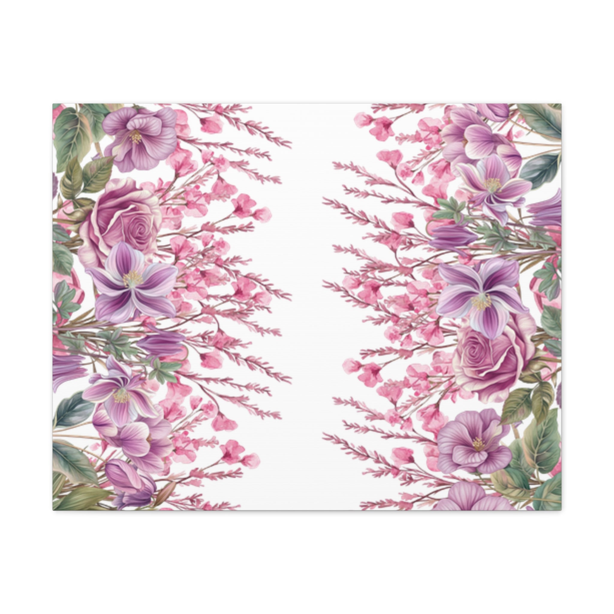 Floral Matte Canvas Wall Art, Pink Purple Botanical Print, Modern Symmetrical Flower Design, Stretched 1.25" Canvas Home Decor