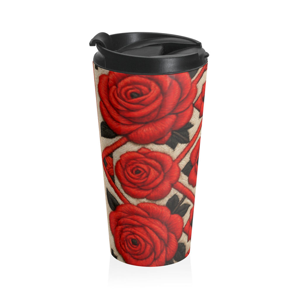 Vintage Red Rose Travel Mug, Stainless Steel Insulated Coffee Tumbler, Floral Folk Pattern Mug, Elegant Boho Rose Cute Gift for Her 15oz