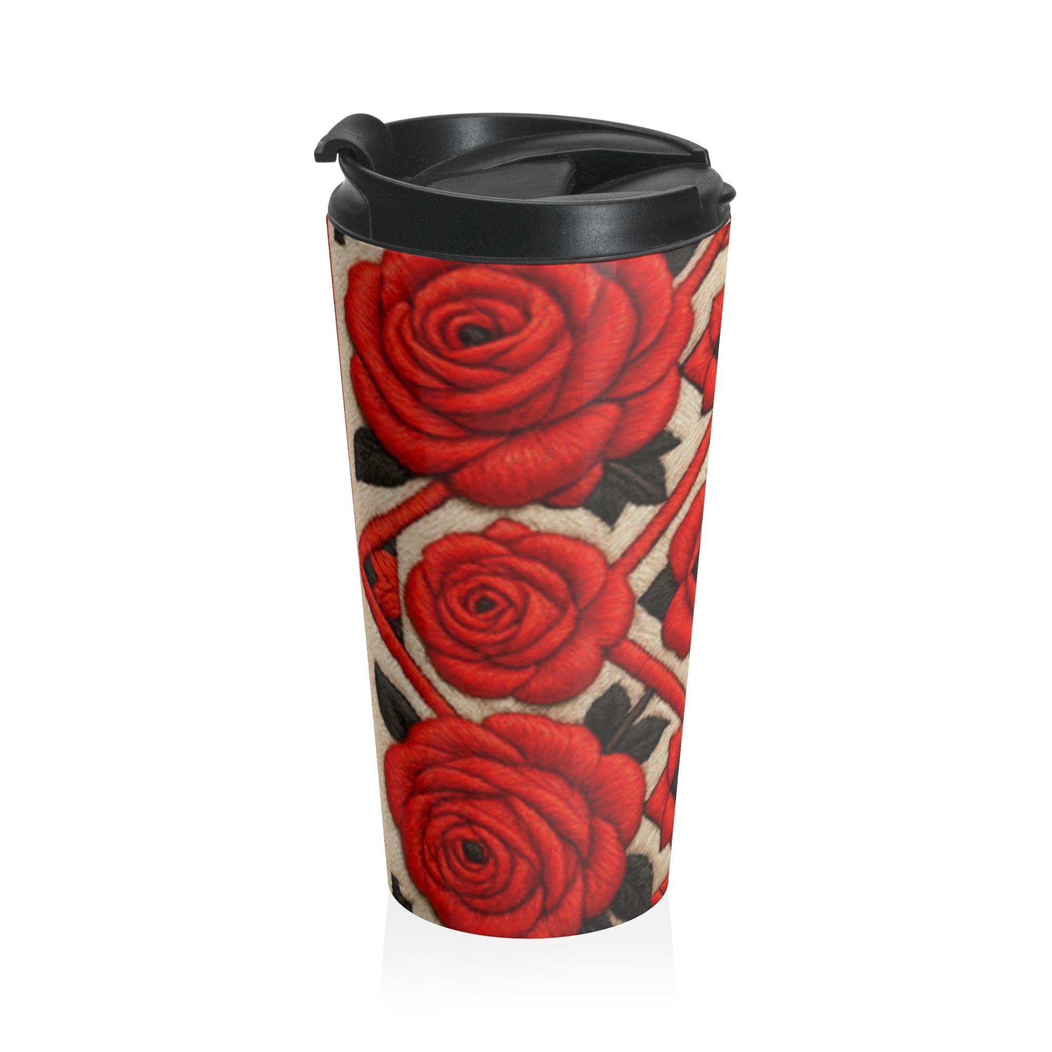 Vintage Red Rose Travel Mug, Stainless Steel Insulated Coffee Tumbler, Floral Folk Pattern Mug, Elegant Boho Rose Cute Gift for Her 15oz