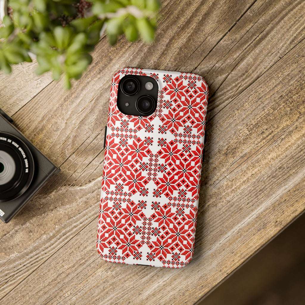 BLUESKYDEZIGN | Mariia Red Phone Case | Ukrainian Folk Embroidery Red & Black Geometric iPhone Cover | Heritage Gift