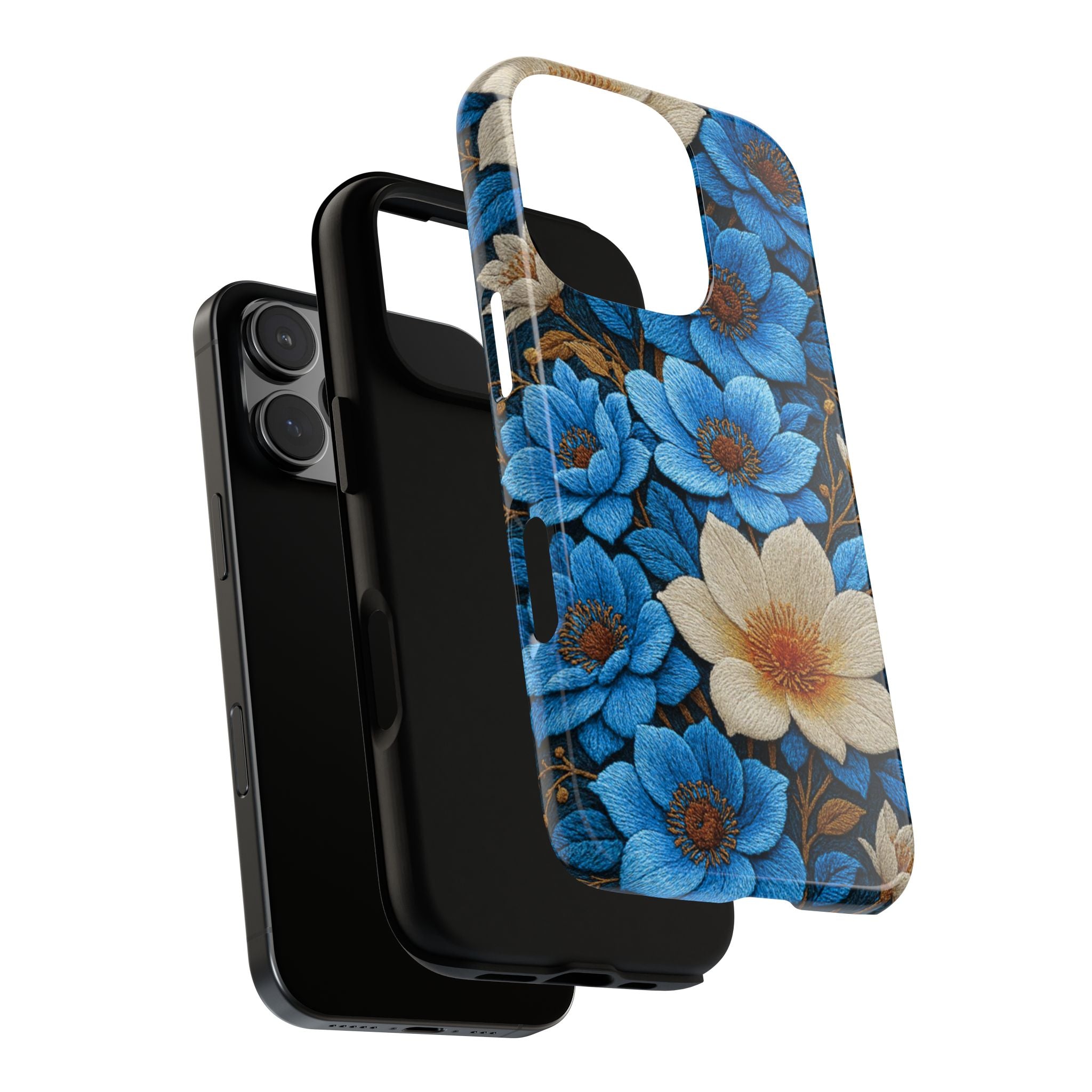 Midnight Symphony Floral Tough Phone Case – Navy Blue & Cream Botanical Cover, Shockproof Dual-Layer Protection