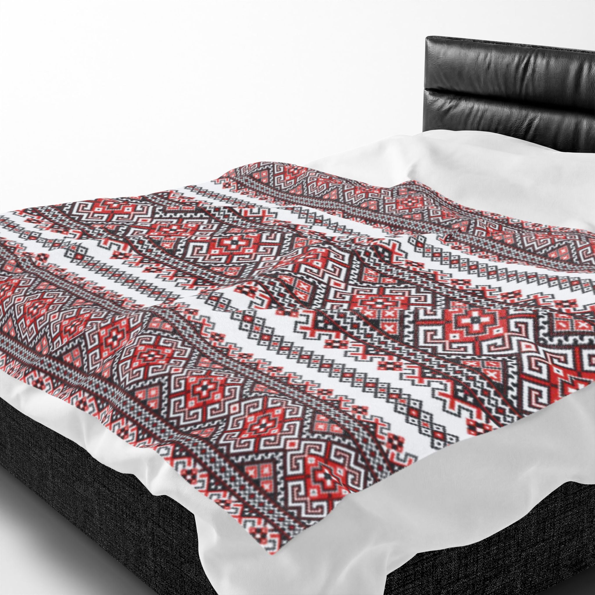 Stasia Red Ukrainian Folk Art Blanket - Velvet Plush Throw, Red & Black Geometric Pattern, Slavic Heritage Gift