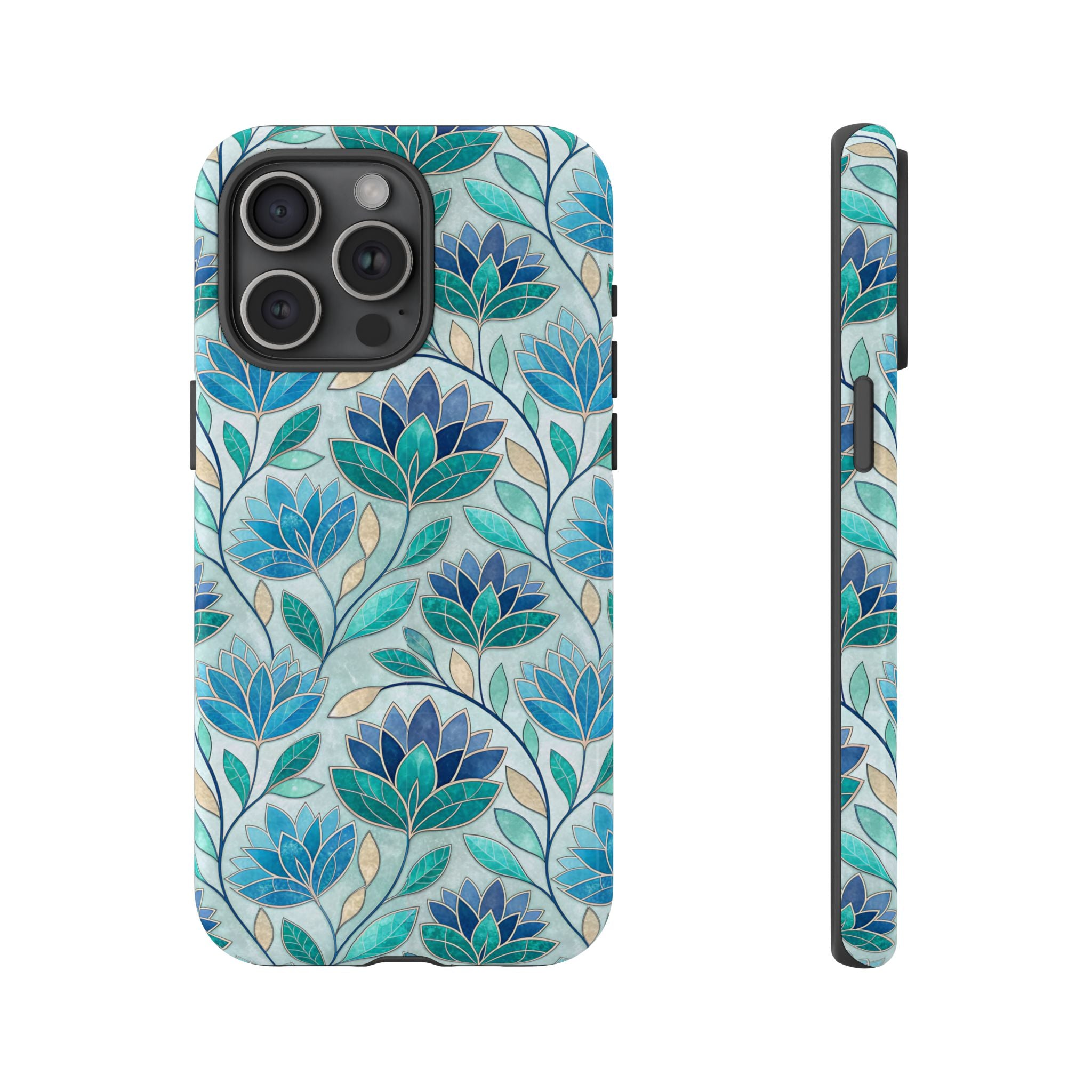 Mosaic iPhone Case, Stained Glass Floral Phone Cover, Teal Blue Protective Case, Matte Glossy Options, Artistic Mosaic Pattern