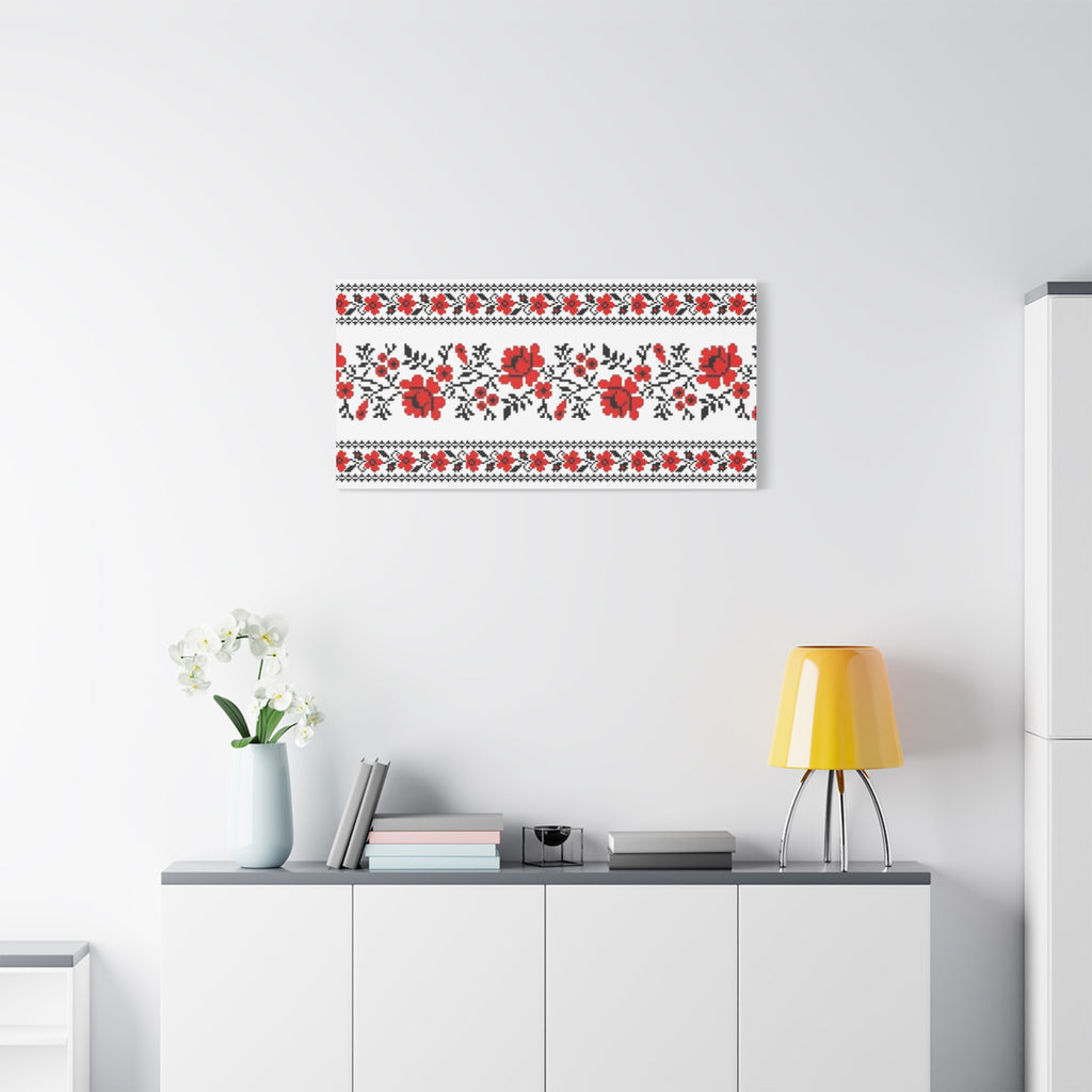Ukrainian Embroidery Wall Art, Red Black Folk Floral Pattern, Traditional Slavic Home Decor Canvas for Living Room or Entryway, Matte Print, Stretched 1.25" Ready to Hang