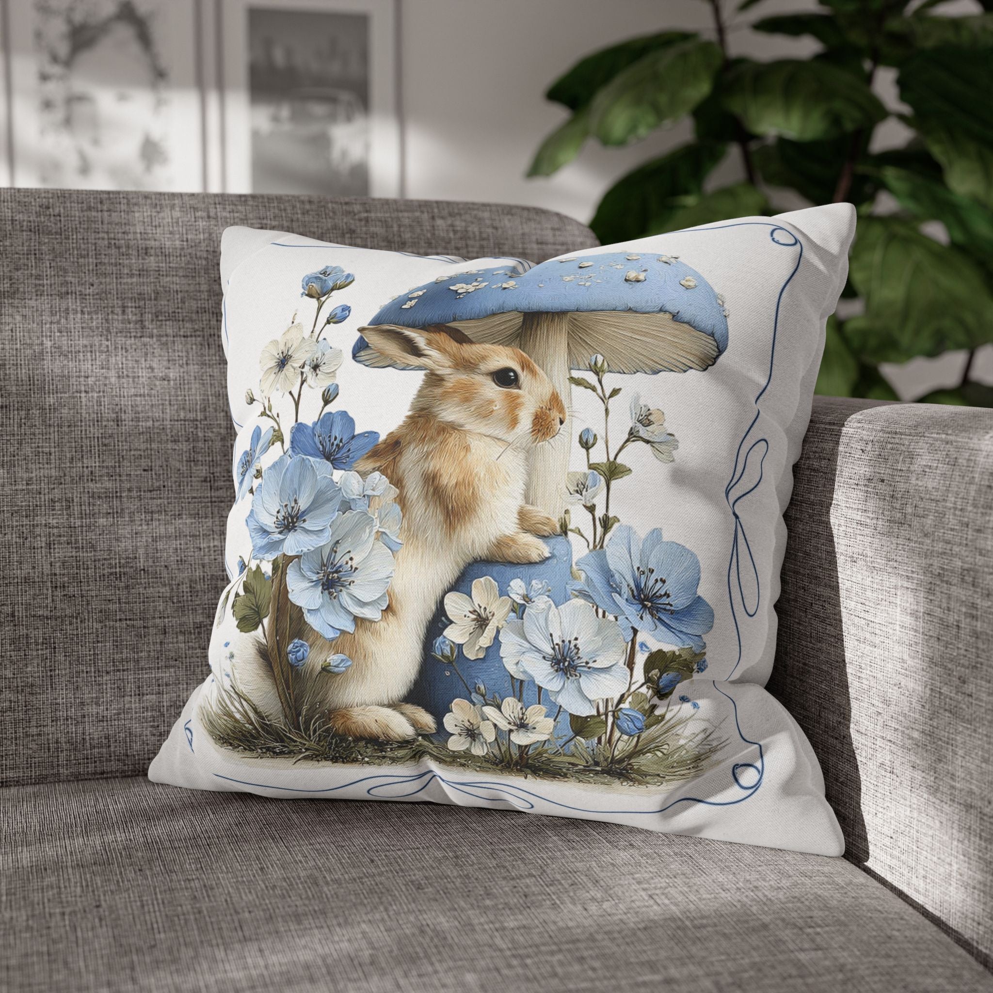 Blue Floral Bunny Collage Pillowcase | Square Decorative Pillowcase