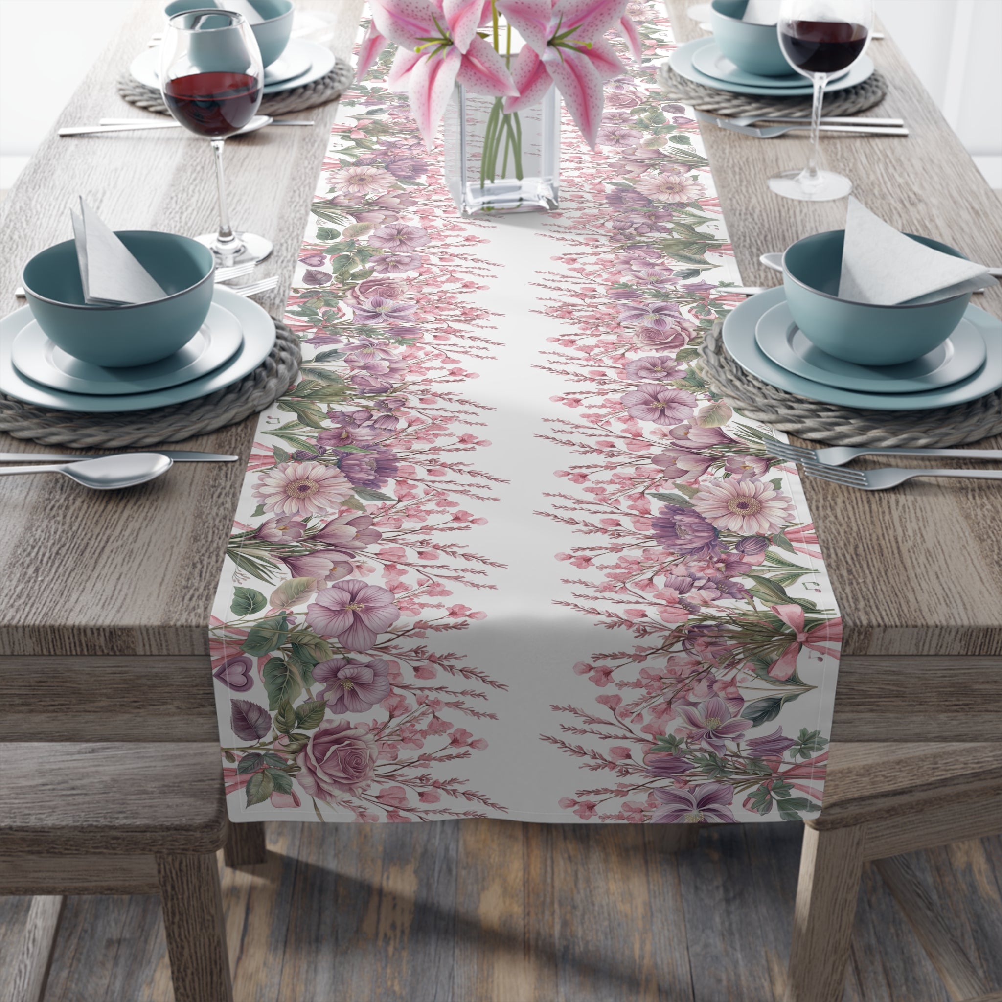 Spring Floral Table Runner, Cotton  Polyester, Pink  Purple Flower Design, Elegant Dining Table Decor, 16×72, 16×90
