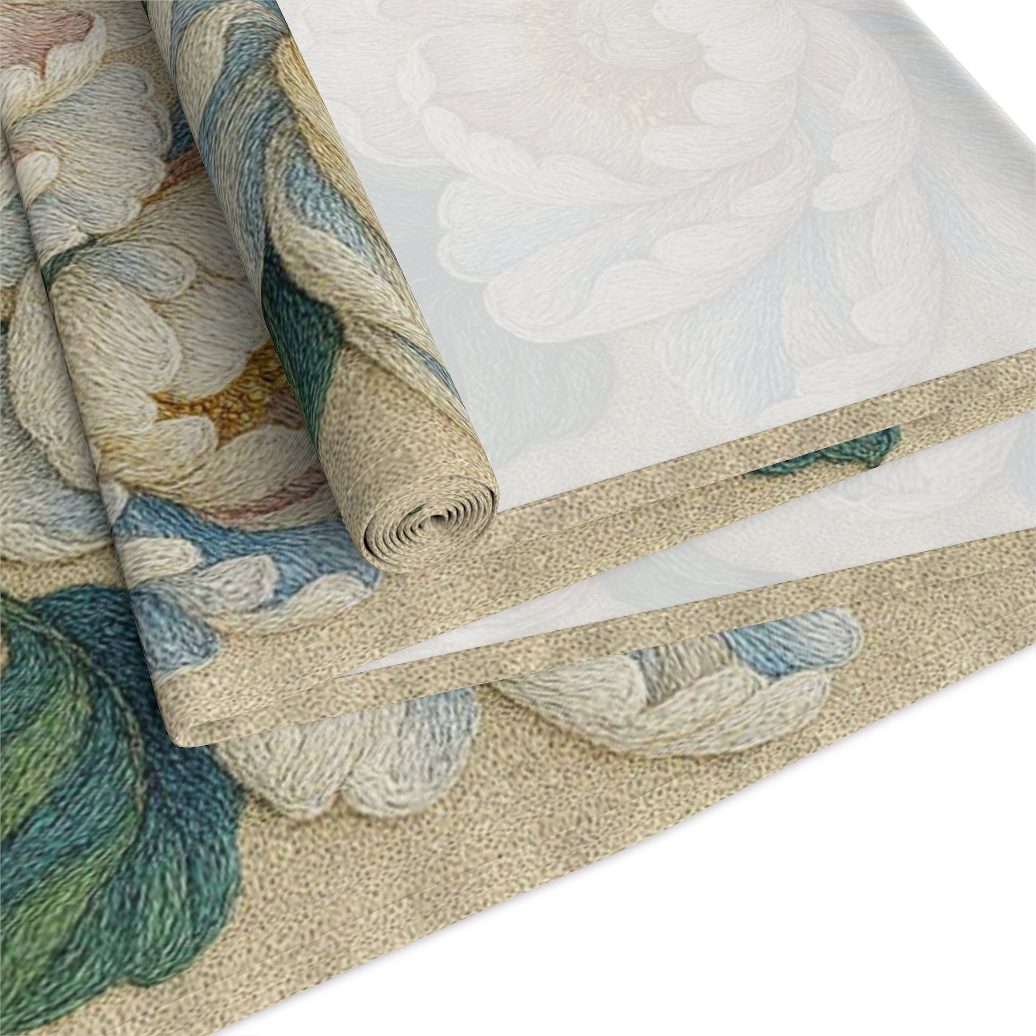 Petrykivka Bloom Table Runner – White Peony Floral, Sage Green, Cotton or Polyester