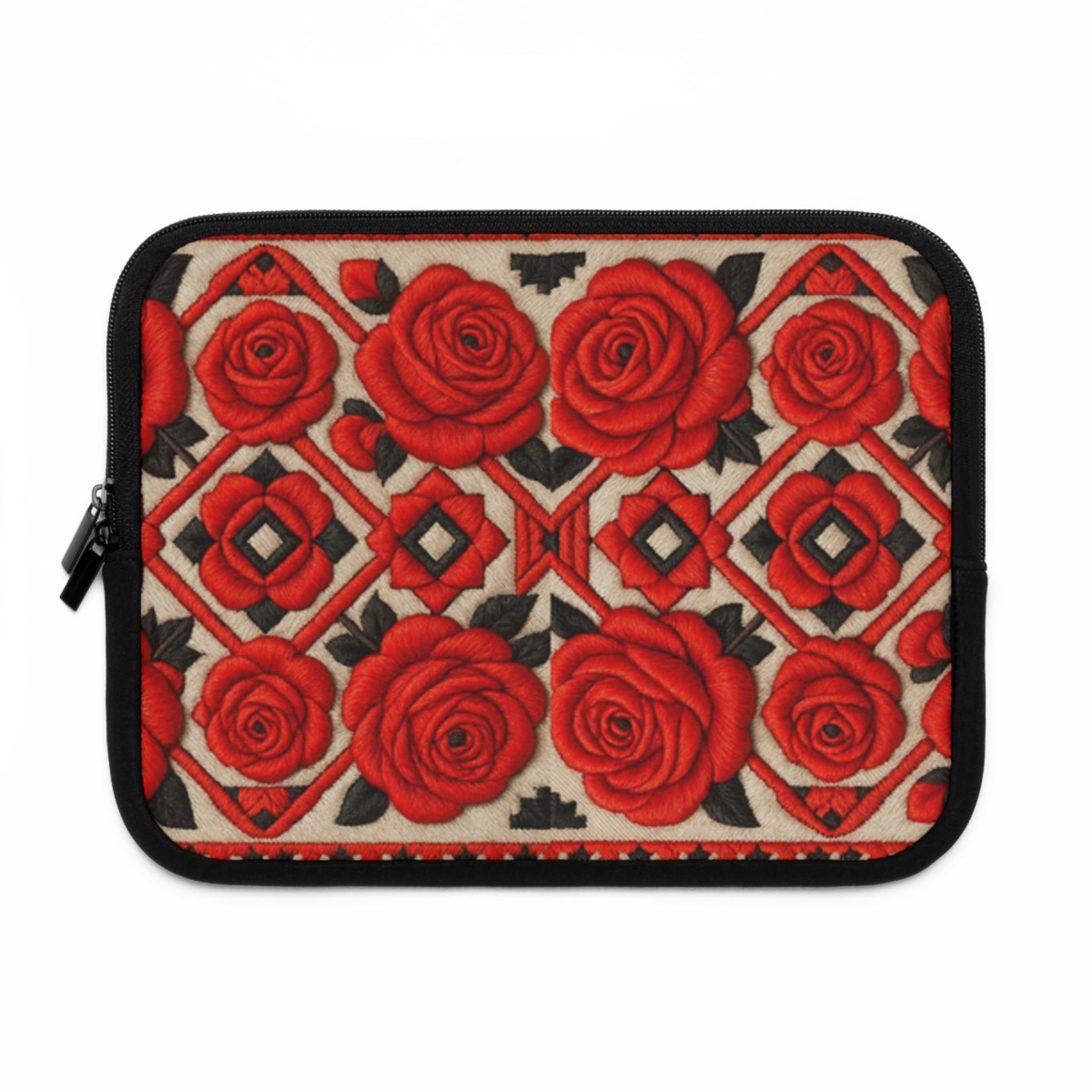 Red Roses Laptop Sleeve | Vintage Floral Neoprene Case with Zipper | Folk Art Tech Bag Gift for Her