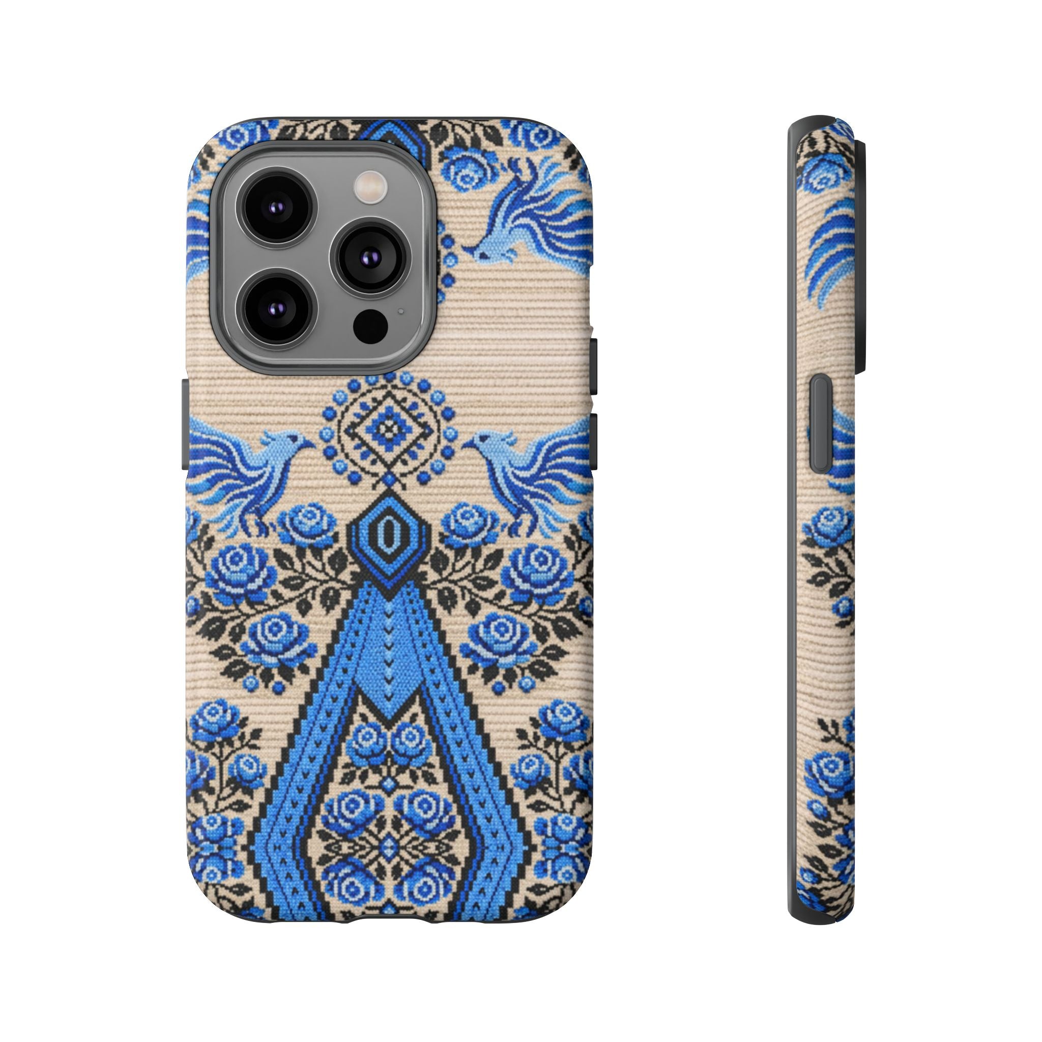 Ukrainian Phone Case  Blue Black Berehynia Design, Falcons & Roses Folk Art, Slavic Embroidery Style Protective Cover