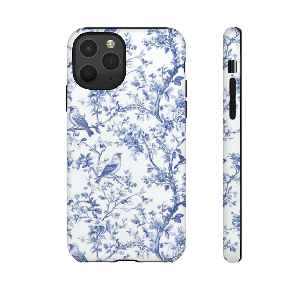 Blue Floral Vine Phone Case, Toile-inspired romantic floral Marbleized Branch Pattern