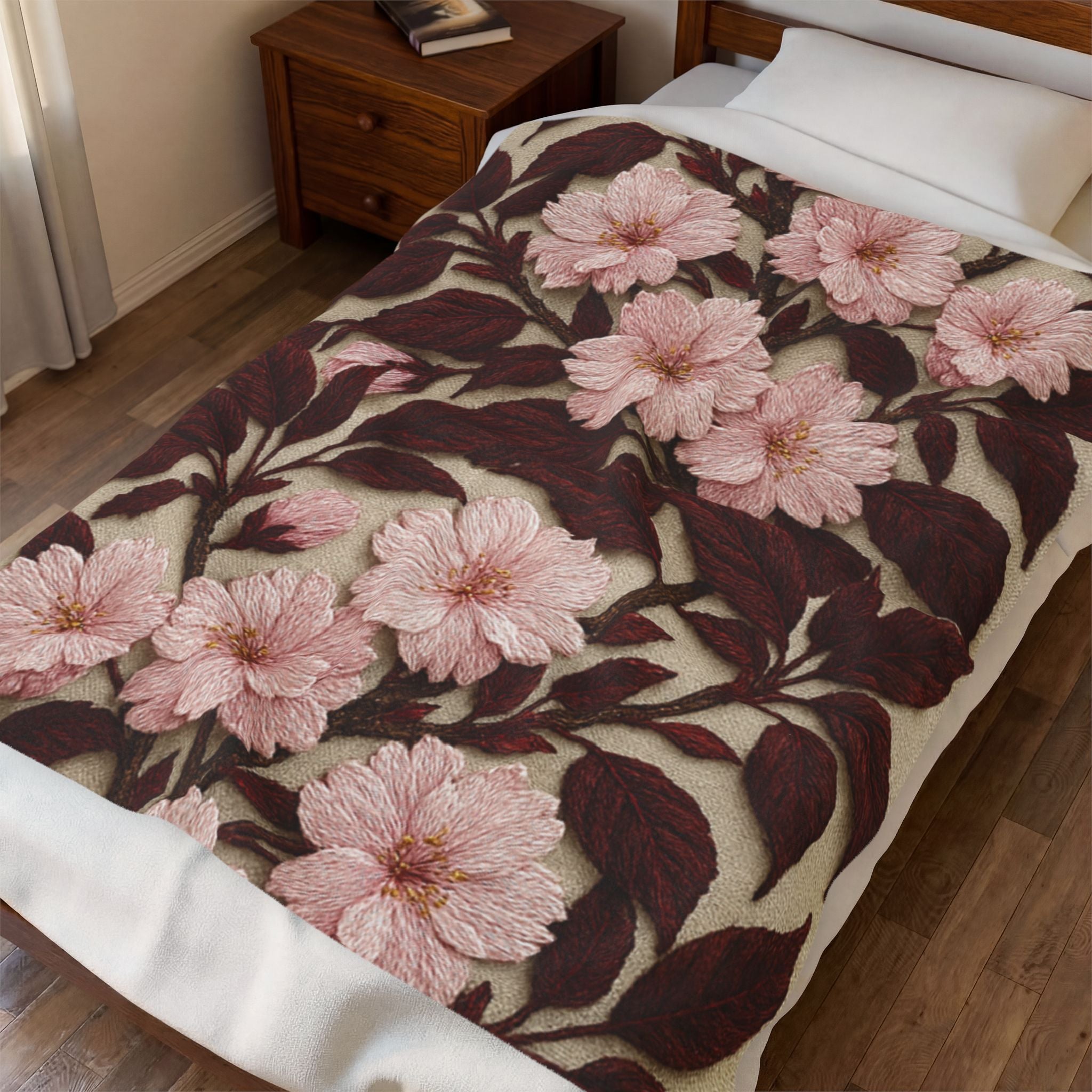 Sakura Noir Plush Blanket — Vintage Pink Floral Velveteen Throw | Botanical Bedding