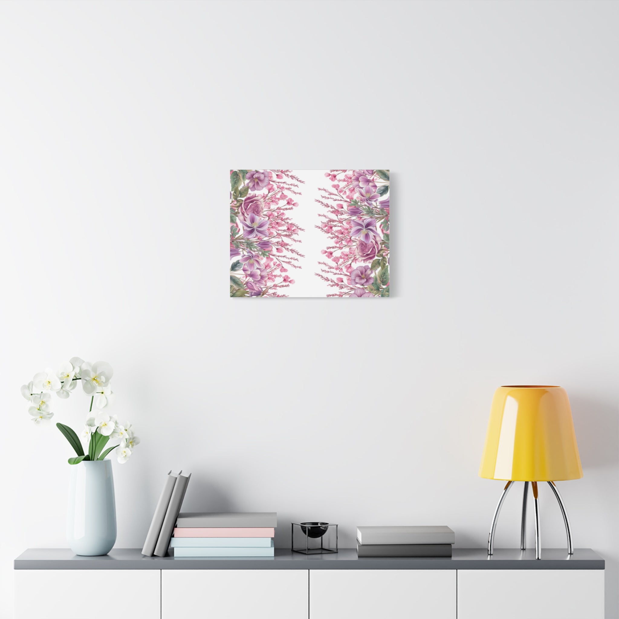 Floral Matte Canvas Wall Art, Pink Purple Botanical Print, Modern Symmetrical Flower Design, Stretched 1.25" Canvas Home Decor