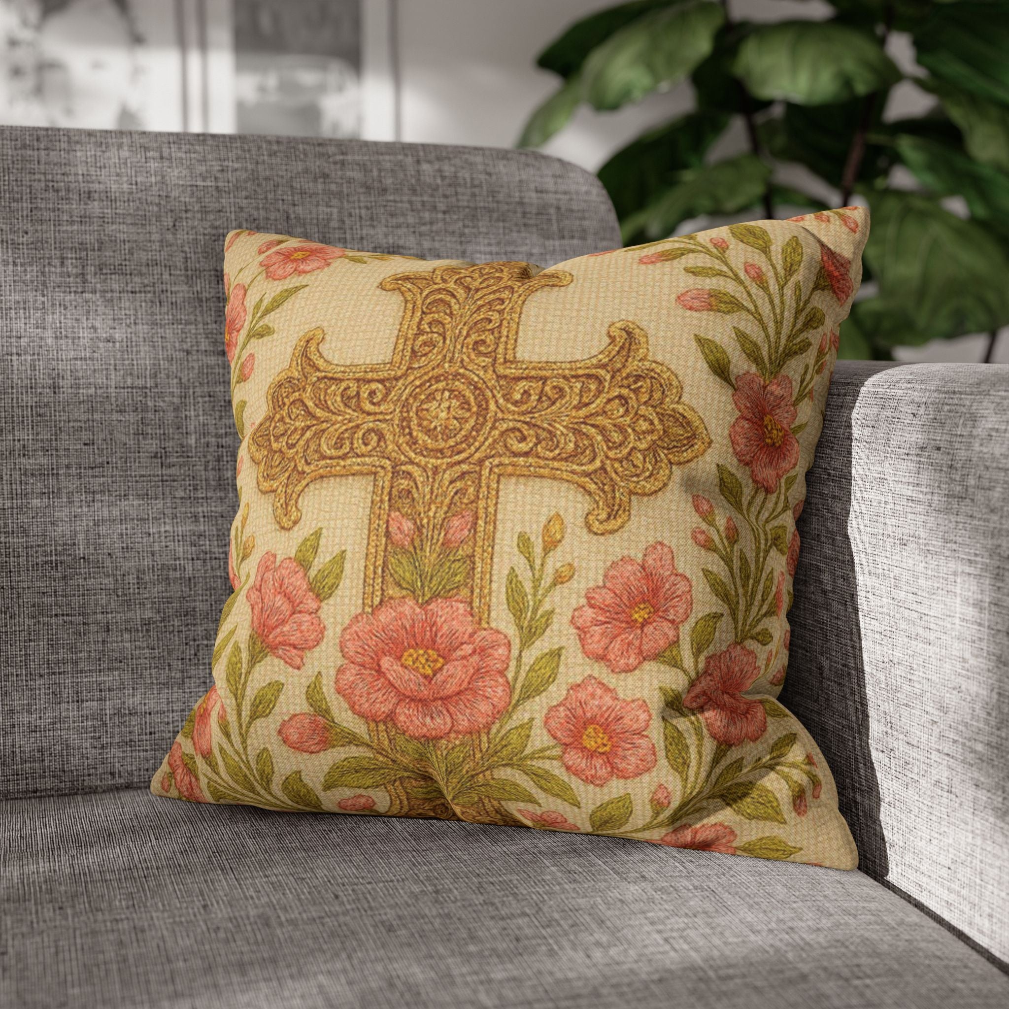 Blessed Home Collection throw pillow with a floral cross and pink rose design on a gray textured sofa.