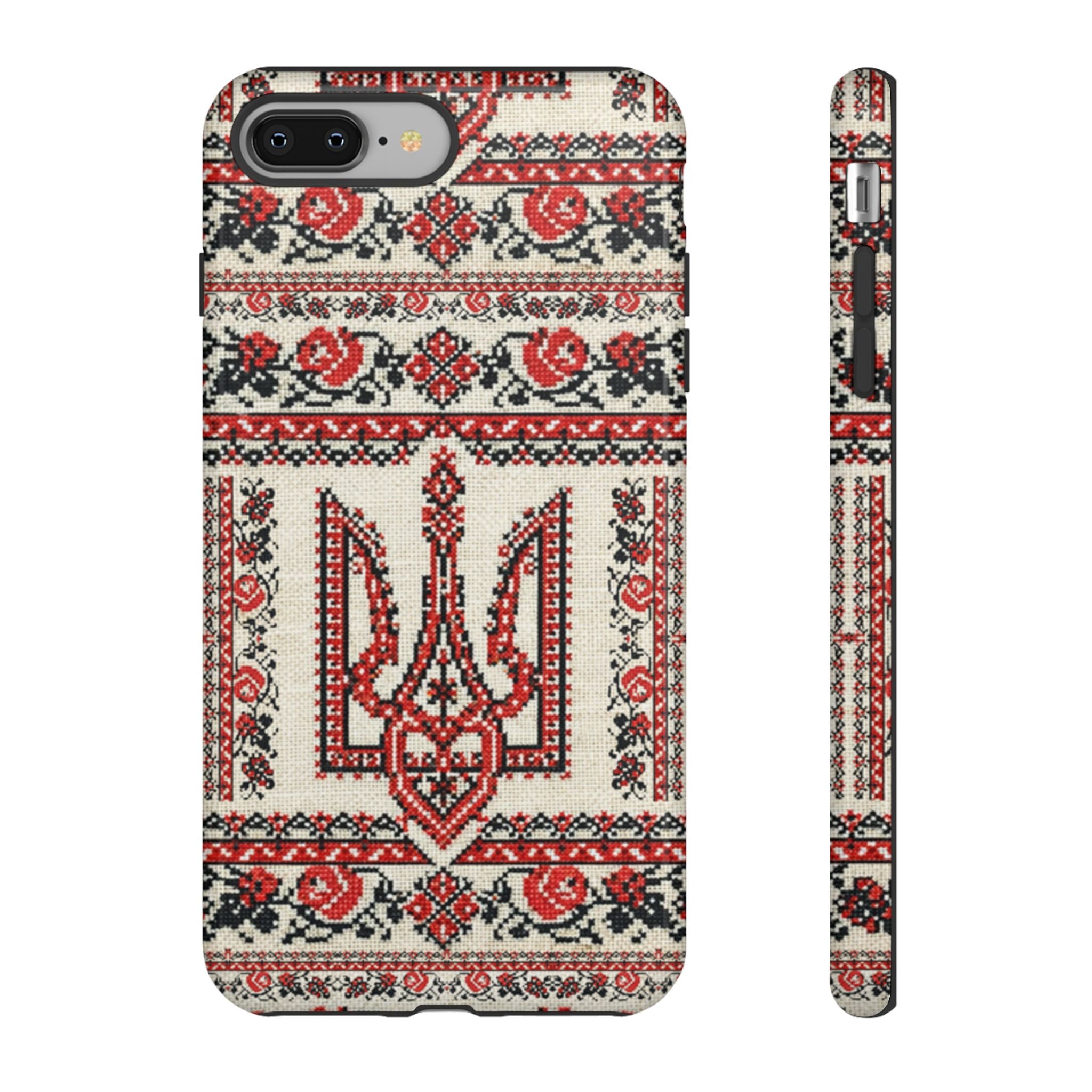 Ukrainian Tryzub phone case with red black embroidered folk pattern
