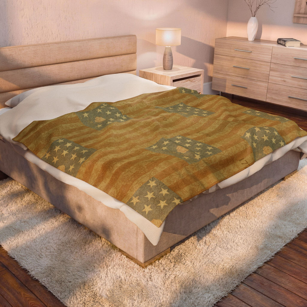 HERITAGE 1776 | 4th of July Decor Plush Blanket, USA 250th Anniversary Vintage American Flag Throw, Patriotic Farmhouse Velveteen Blanket | BLUESKYDEZIGN