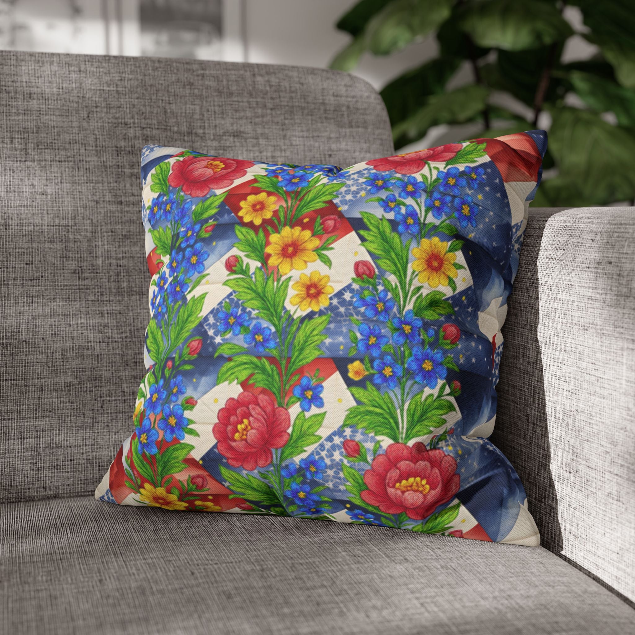 American Cozy Floral Pillowcase - Patriotic Blue Geometric & Rose Throw Pillow Cover