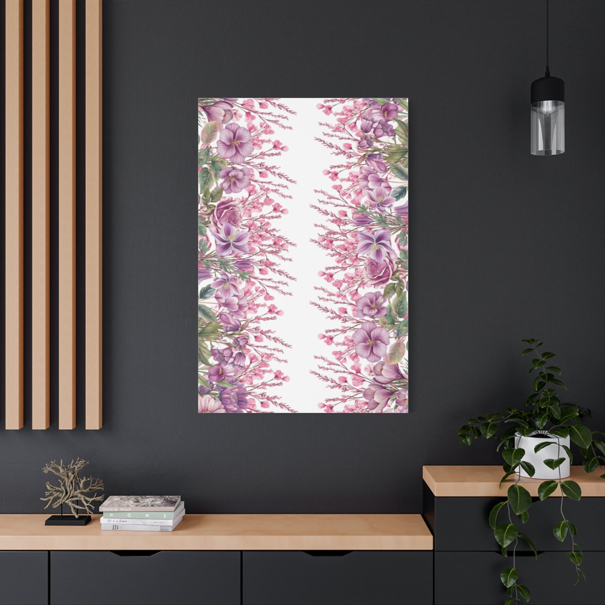 Floral Matte Canvas Wall Art, Pink Purple Botanical Print, Modern Symmetrical Flower Design, Stretched 1.25" Canvas Home Decor