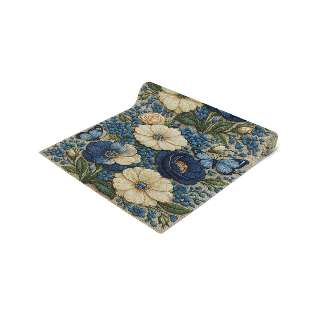 Wild Beauty Floral Table Runner – Blue & Cream Botanical Design