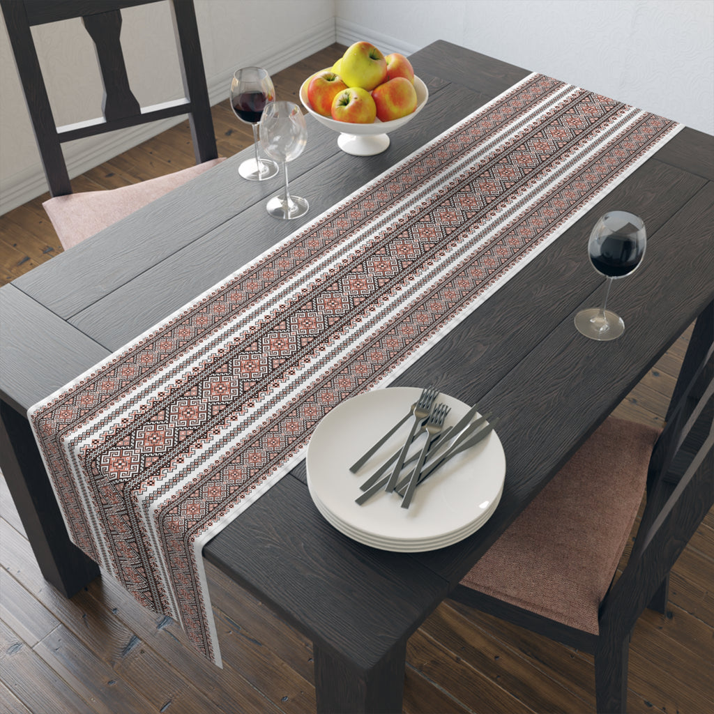 Stasia Red Folk Art Table Runner | Ukrainian Heritage Red & Black Geometric Linen