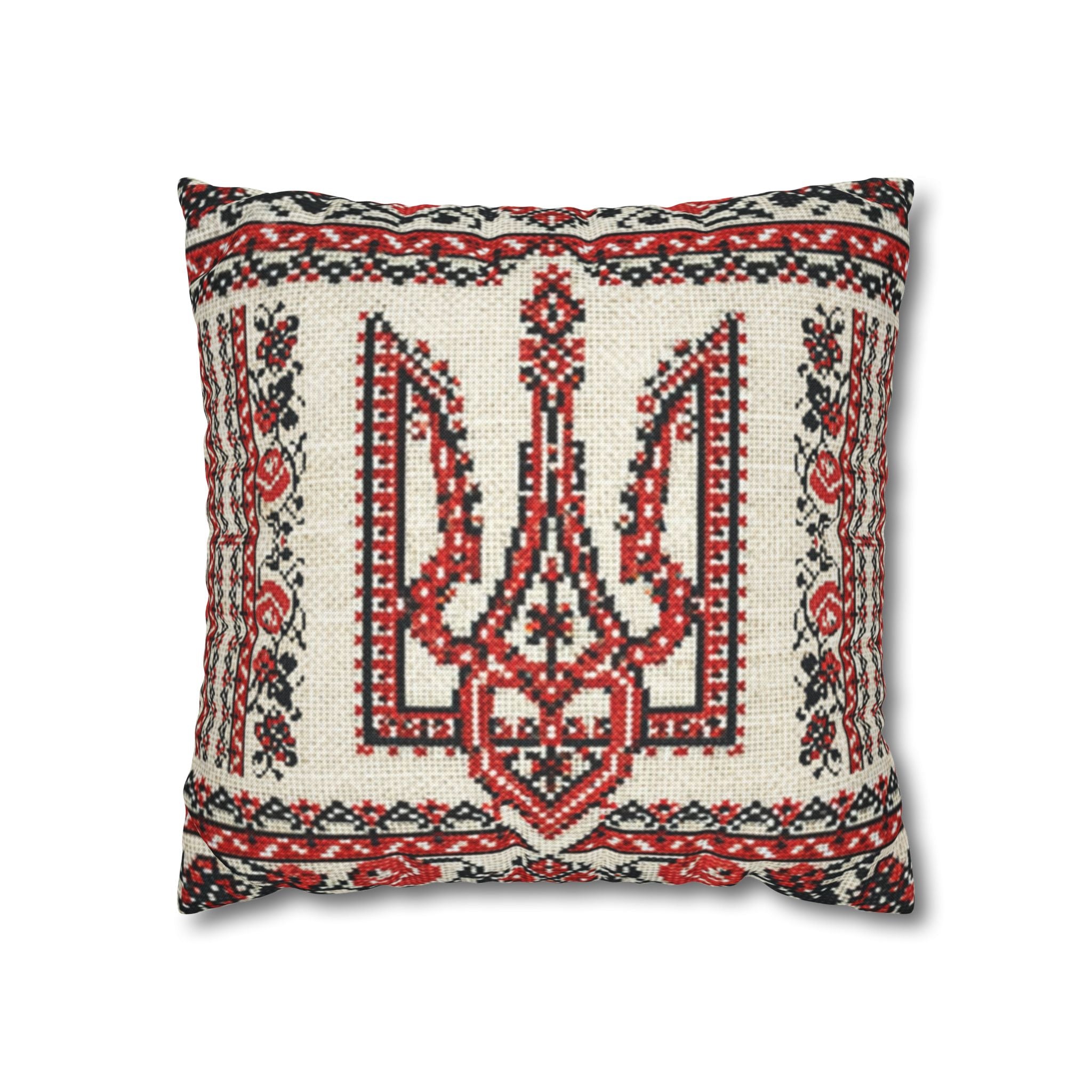 Tryzub Pillowcase, Ukrainian Red Black Embroidery, Folk Art Trident Cushion Cover for Home Decor