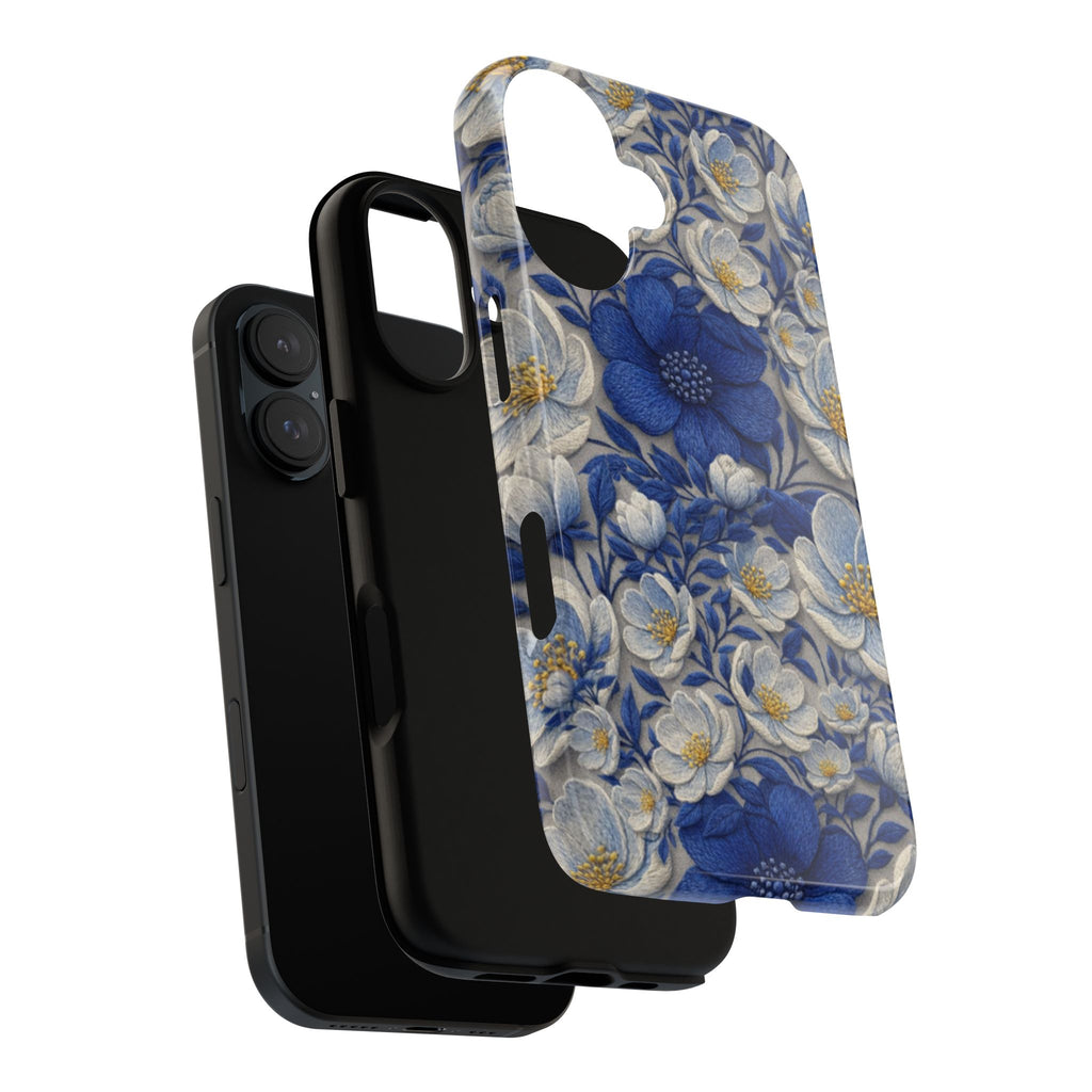 Denim Soul Indigo Floral Tough Phone Case – Dual-Layer Protective Cover for iPhone