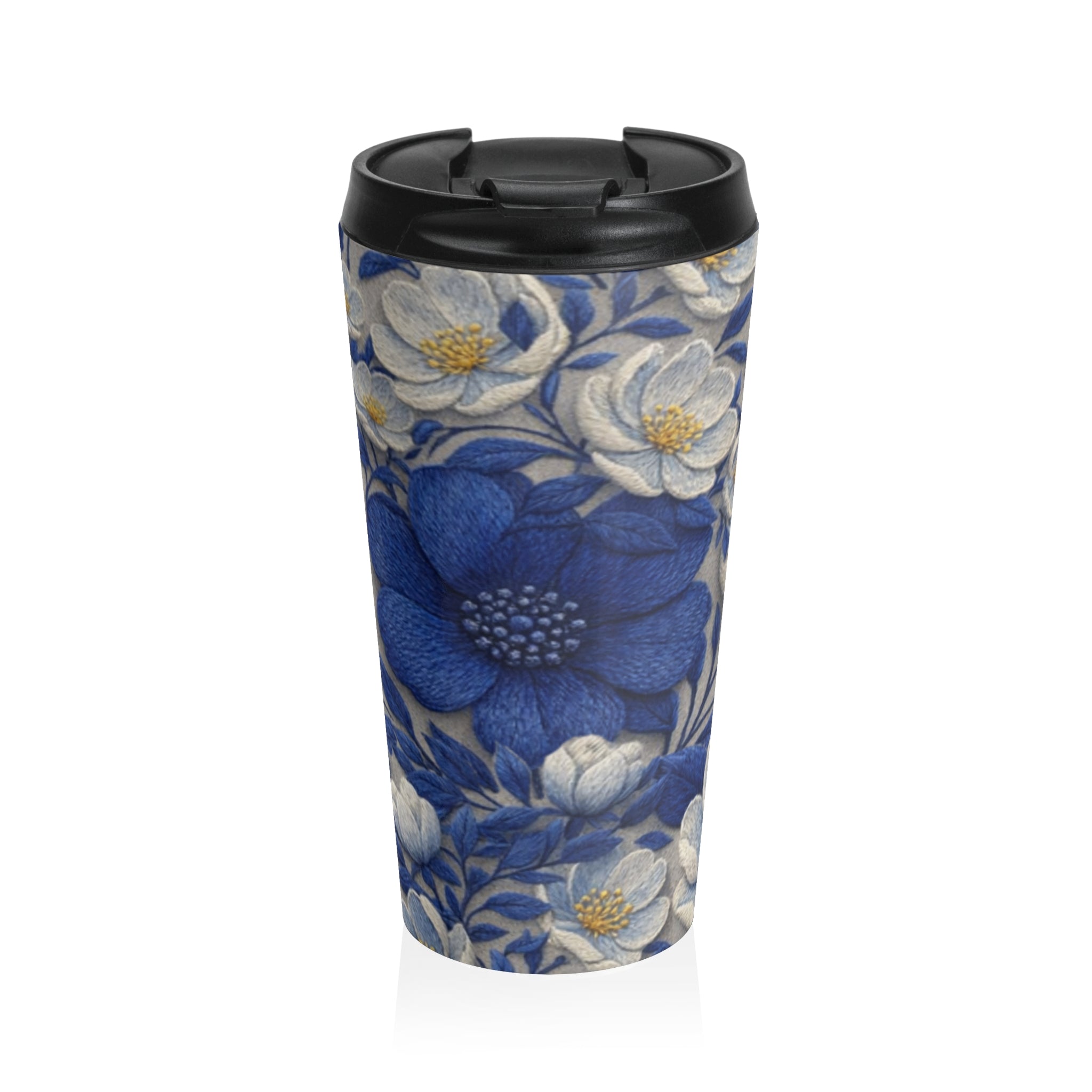 Denim Soul Indigo Floral Travel Mug – 15oz Insulated Stainless Steel Coffee Tumbler