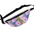 Pink cosmos and blue hydrangea fanny pack with watercolor floral print of lavender pink daisies and periwinkle hydrangeas — 3 zippered pockets, adjustable strap, cottagecore crossbody waist bag, Alexandra Bloom Collection

