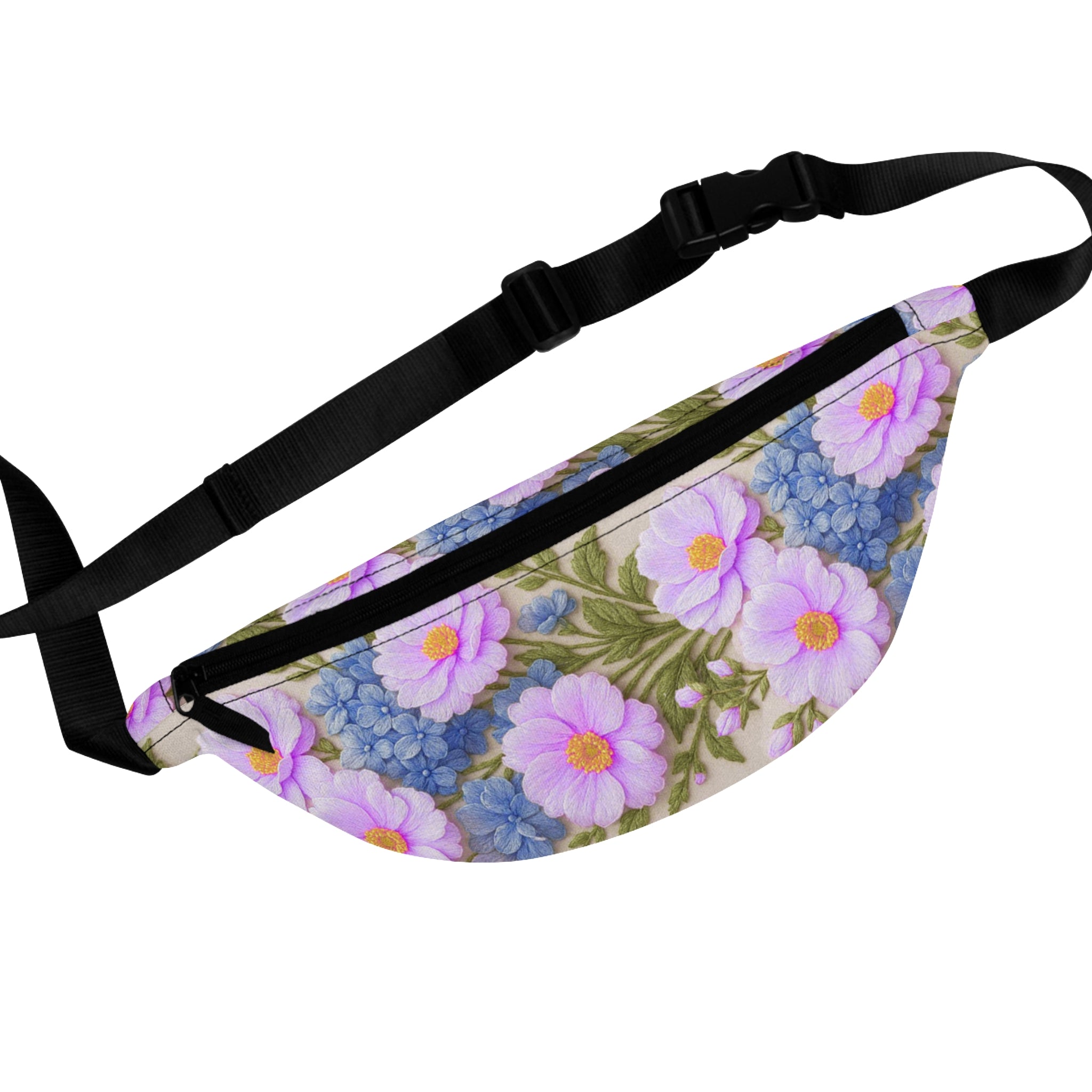 Pink Cosmos and Blue Hydrangea Fanny Pack, Alexandra Bloom Collection, Vintage Floral Waist Bag, Cottagecore Crossbody Purse