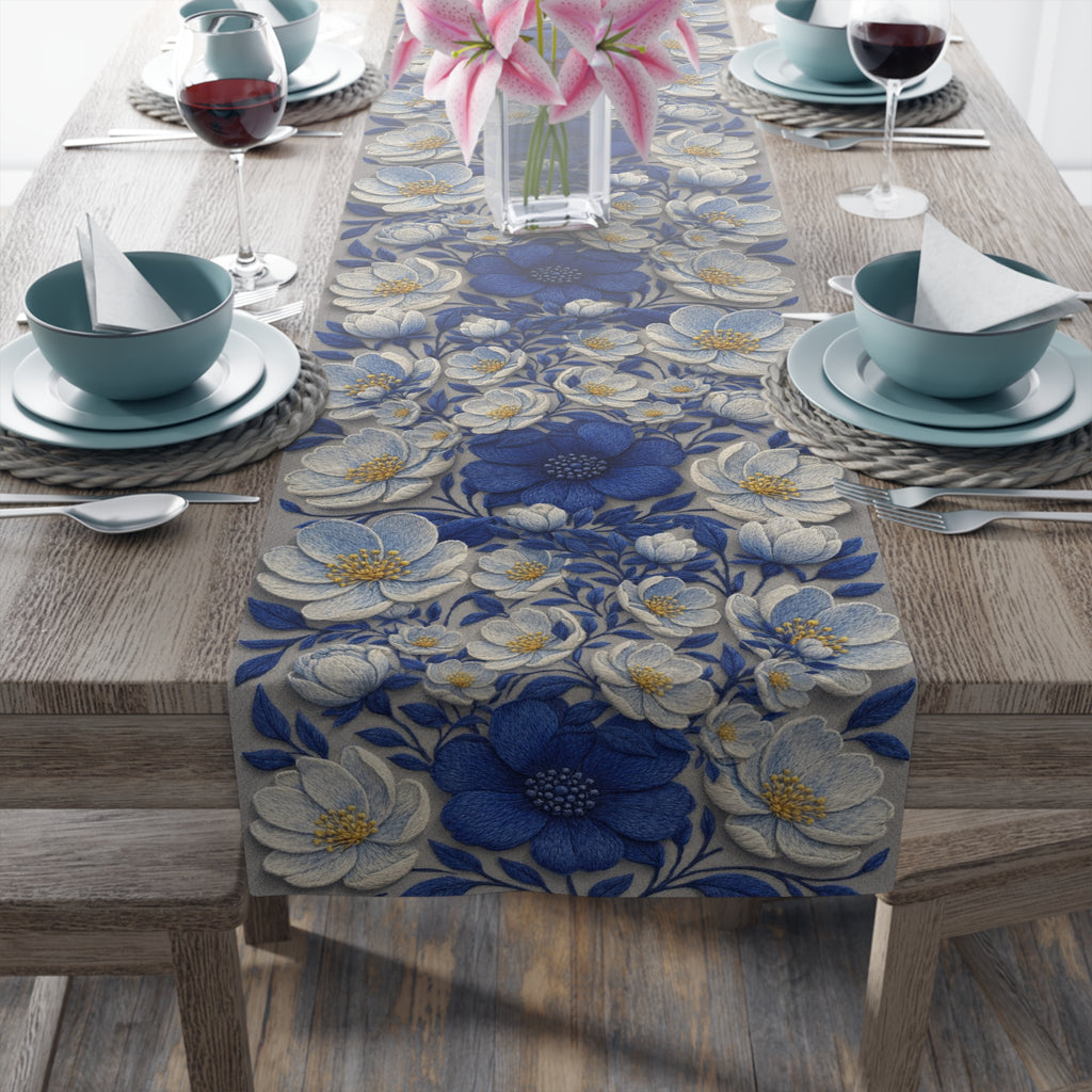 Denim Soul Floral Table Runner – Indigo & Navy Blooms | Cotton Twill or Polyester