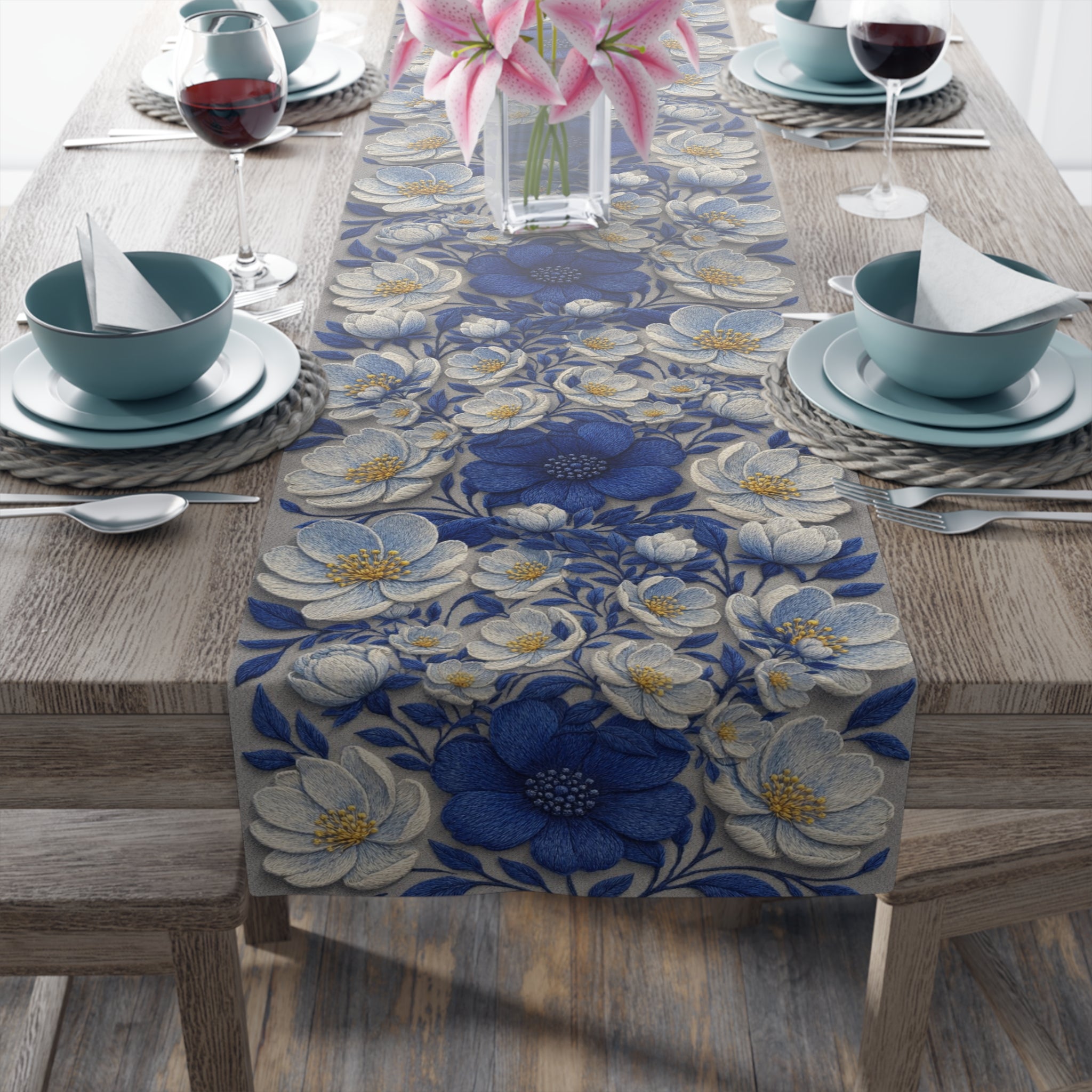 Denim Soul Floral Table Runner – Indigo & Navy Blooms | Cotton Twill or Polyester