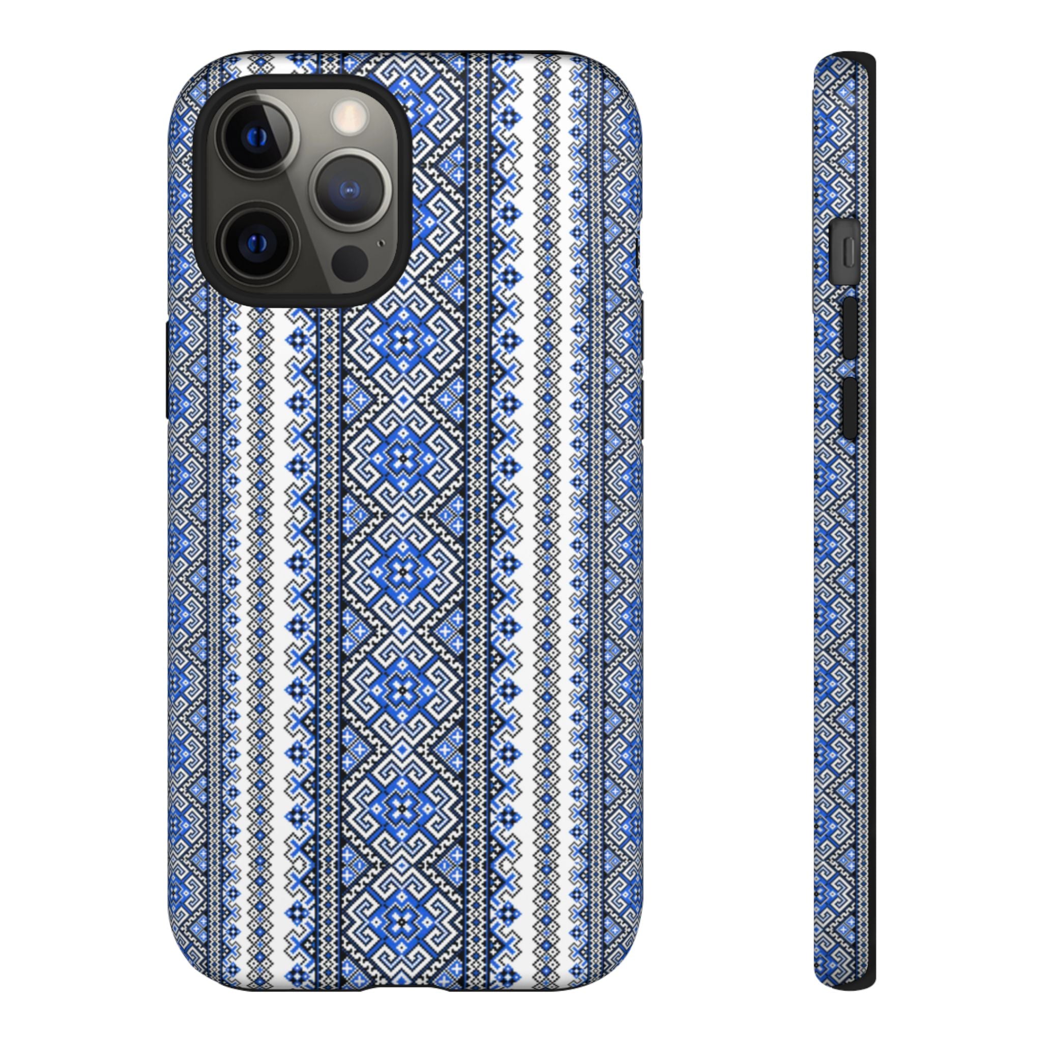 Ukrainian Pattern iPhone Case, Blue Black Geometric Folk Design, Protective Phone Cover, Traditional Ethnic Print