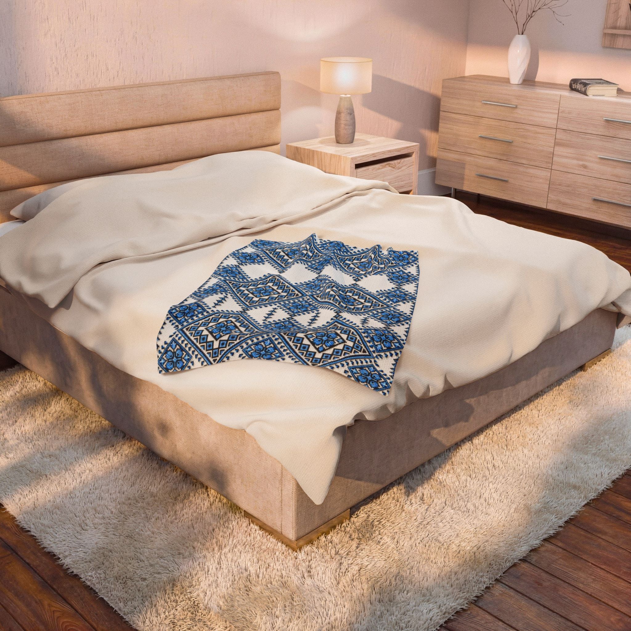 Blue Sky Folk Art Velveteen Plush Blanket | Ukrainian Heritage Geometric Throw