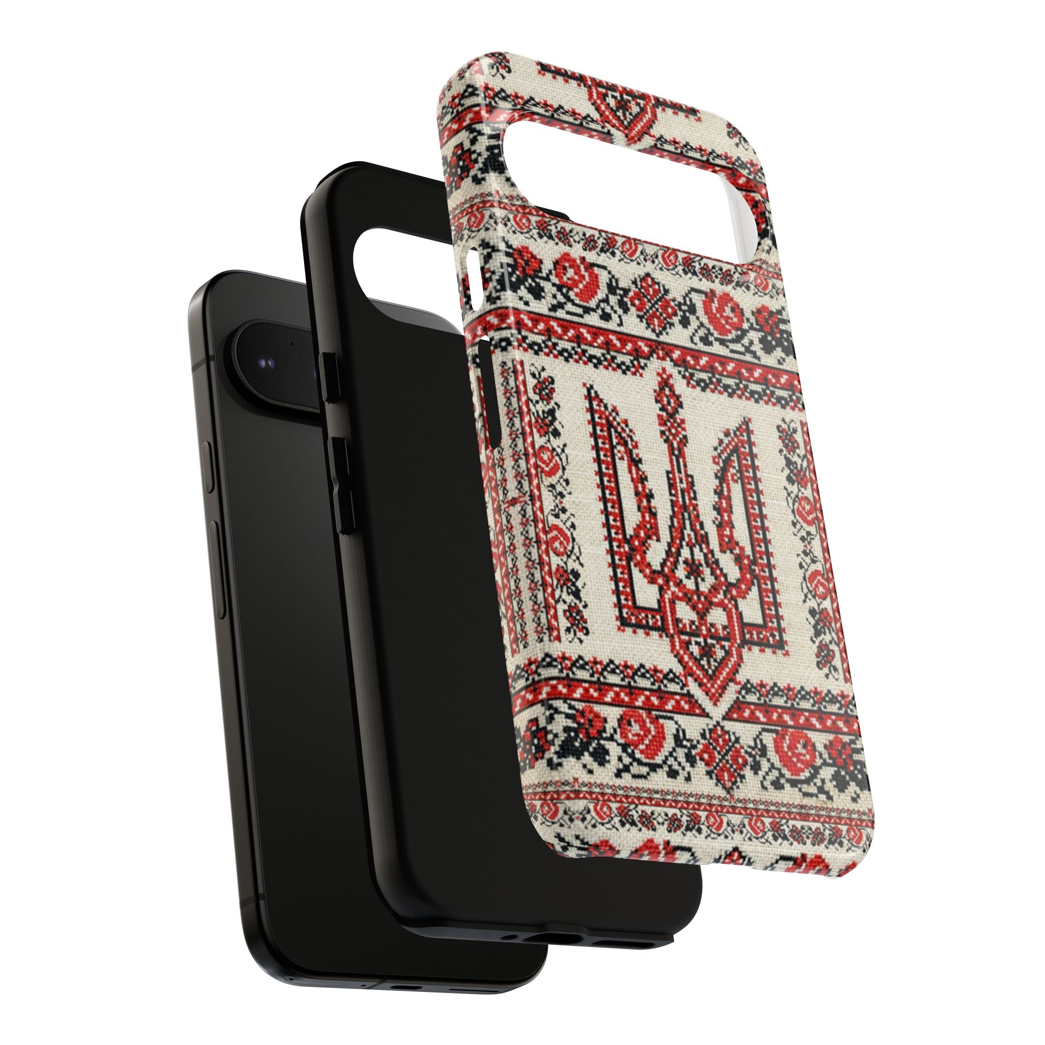 Ukrainian Trident Embroidery Phone Case • Red Black Trident Pattern • Protective Folk Art Cover for iPhone & Samsung