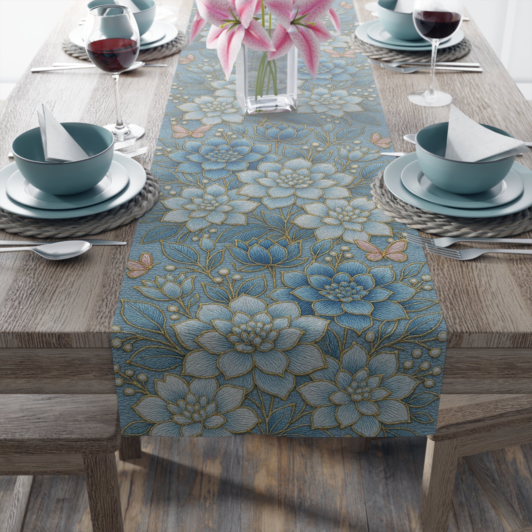 Blue watercolor floral succulent table runner on dining table — cottagecore botanical design in muted blues and sage green with gold accents, cotton twill finish

