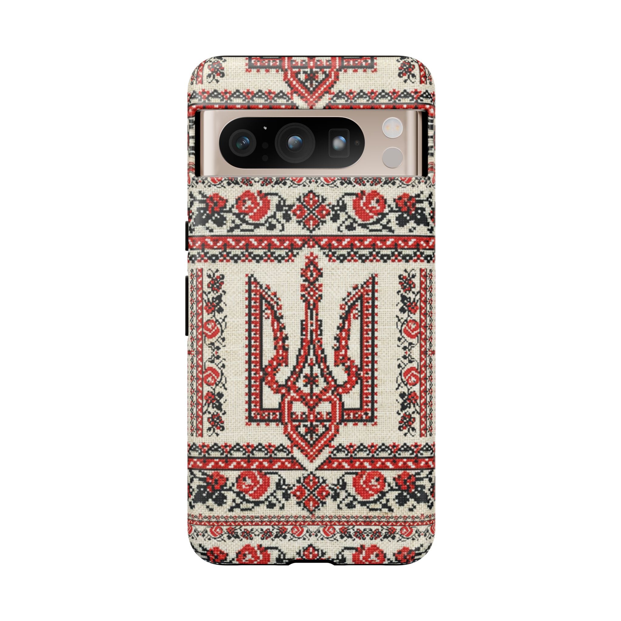 Ukrainian Trident Embroidery Phone Case • Red Black Trident Pattern • Protective Folk Art Cover for iPhone & Samsung
