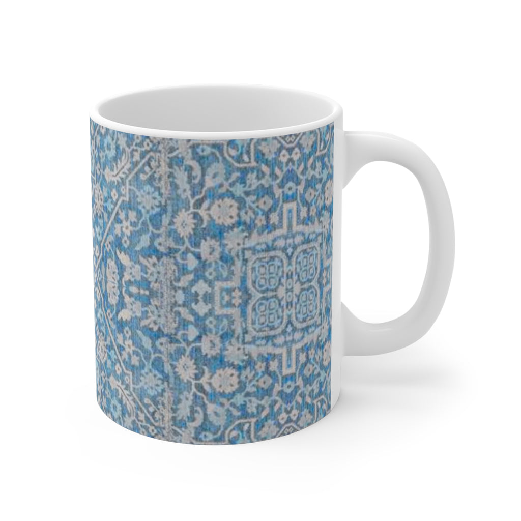 BLUESKYDEZIGN Grandmother's Heritage Mug - Blue Floral Tile Pattern, Wabi-Sabi Ceramic Coffee Cup