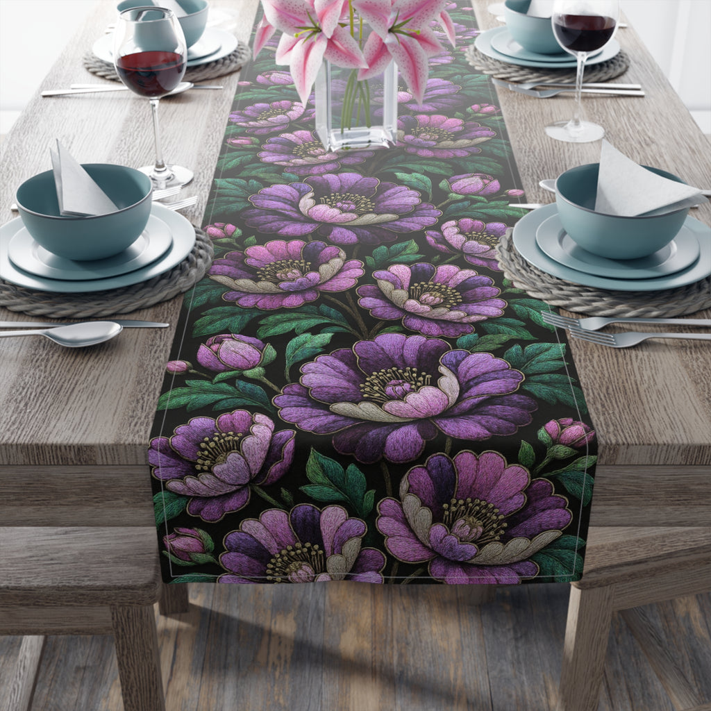 BLUESKYDEZIGN | Petrykivka Bloom Purple Peony Table Runner | Ukrainian Folk Art Dining Decor | Dark Cottagecore | Cotton or Polyester