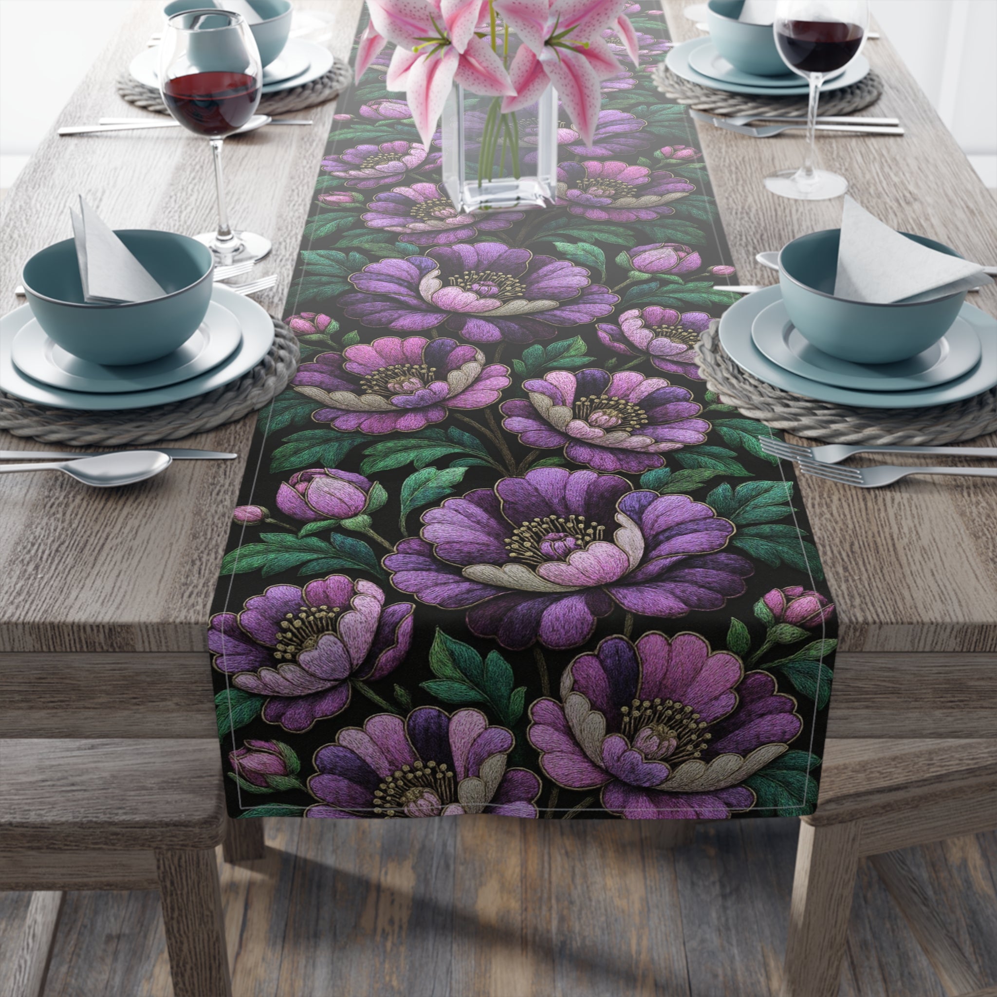 BLUESKYDEZIGN | Petrykivka Bloom Purple Peony Table Runner | Ukrainian Folk Art Dining Decor | Dark Cottagecore | Cotton or Polyester