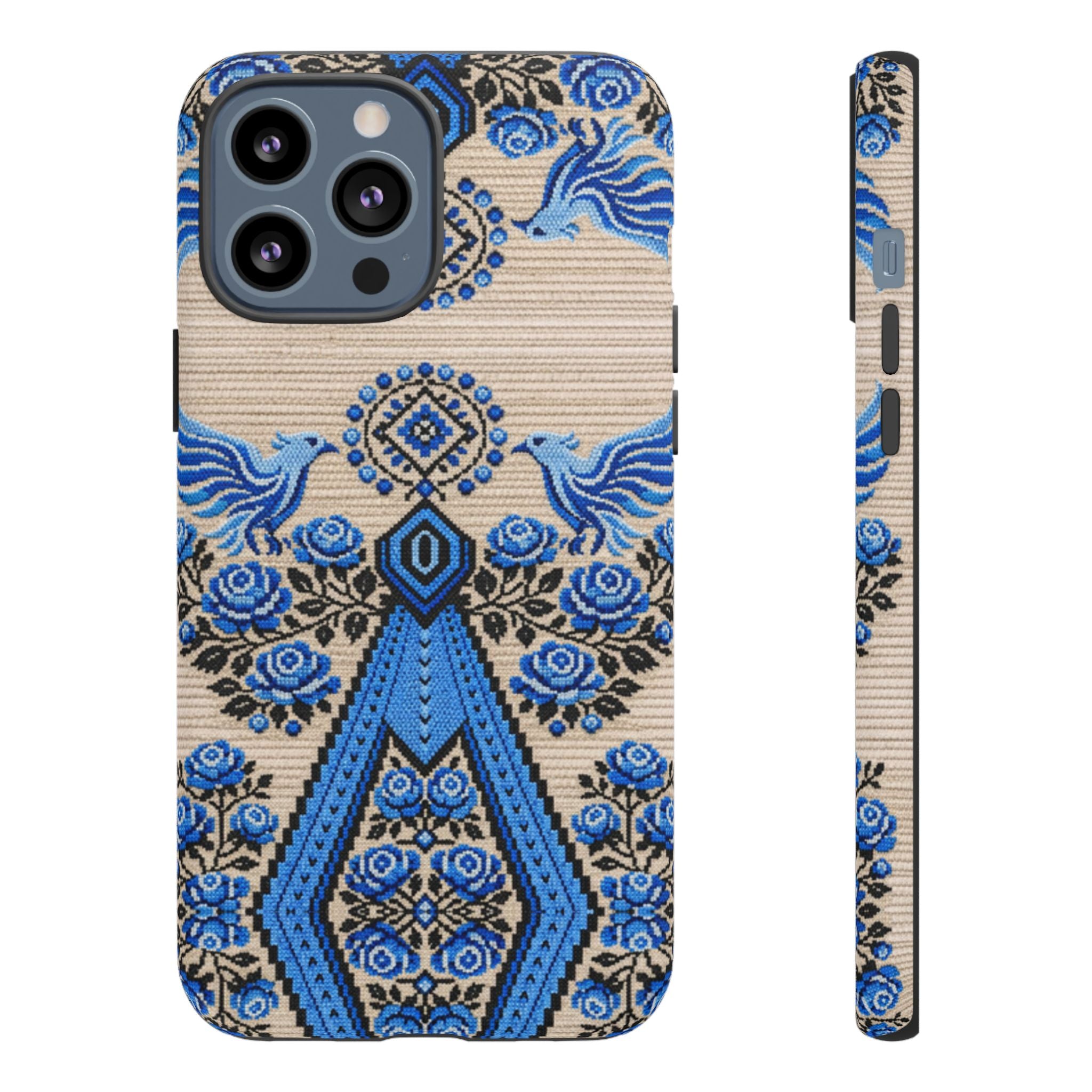 Ukrainian Phone Case  Blue Black Berehynia Design, Falcons & Roses Folk Art, Slavic Embroidery Style Protective Cover
