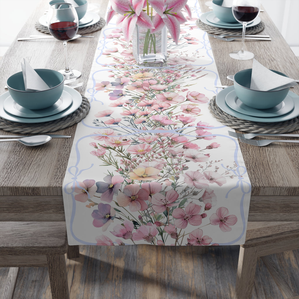BLUESKYDEZIGN Spring Pink Purple Floral Table Runner - Botanical Wedding Decor