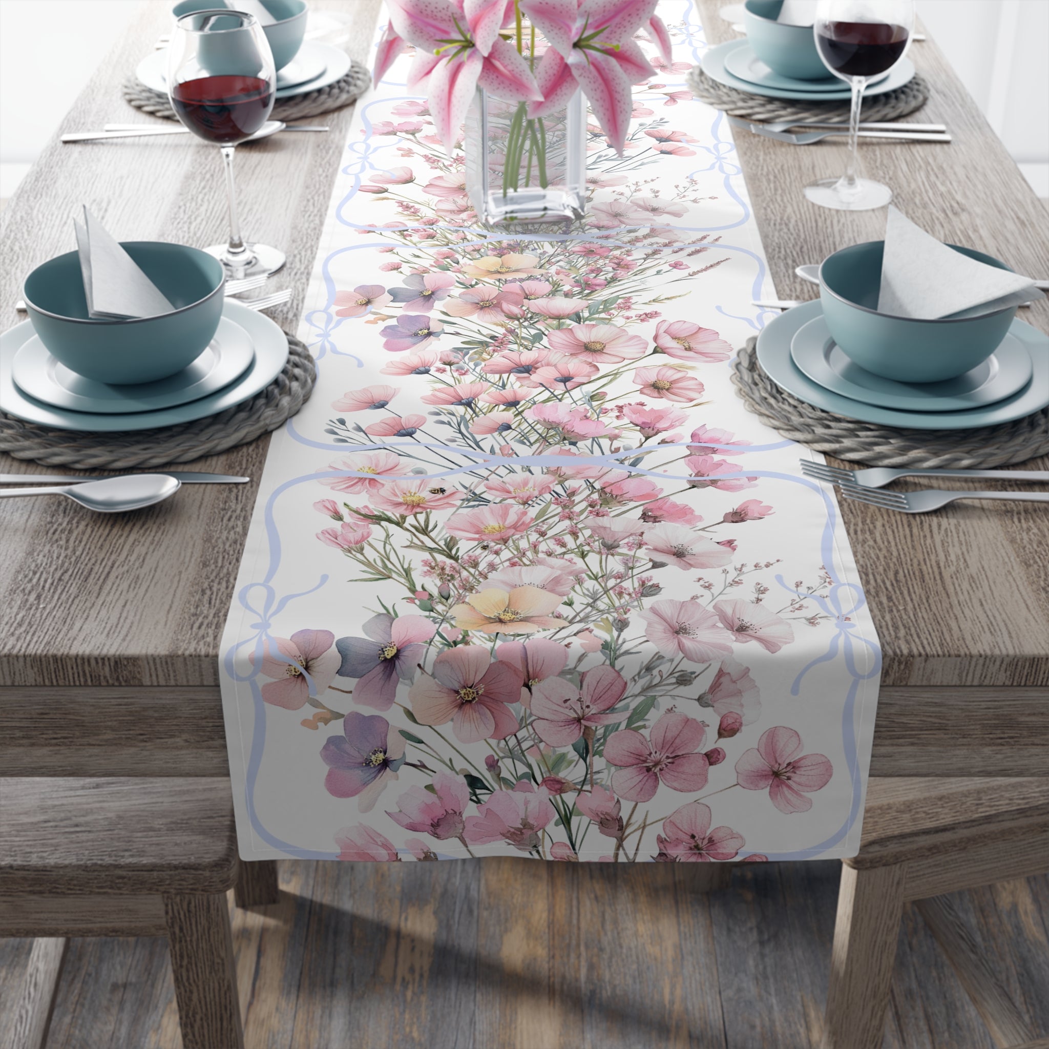 BLUESKYDEZIGN Spring Pink Purple Floral Table Runner - Botanical Wedding Decor