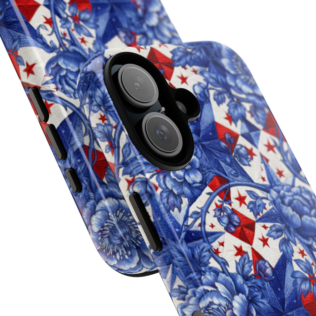 Tough phone case with a blue toile-inspired floral pattern and red patriotic stars from the America 250th Anniversary collection, shown at an angle.