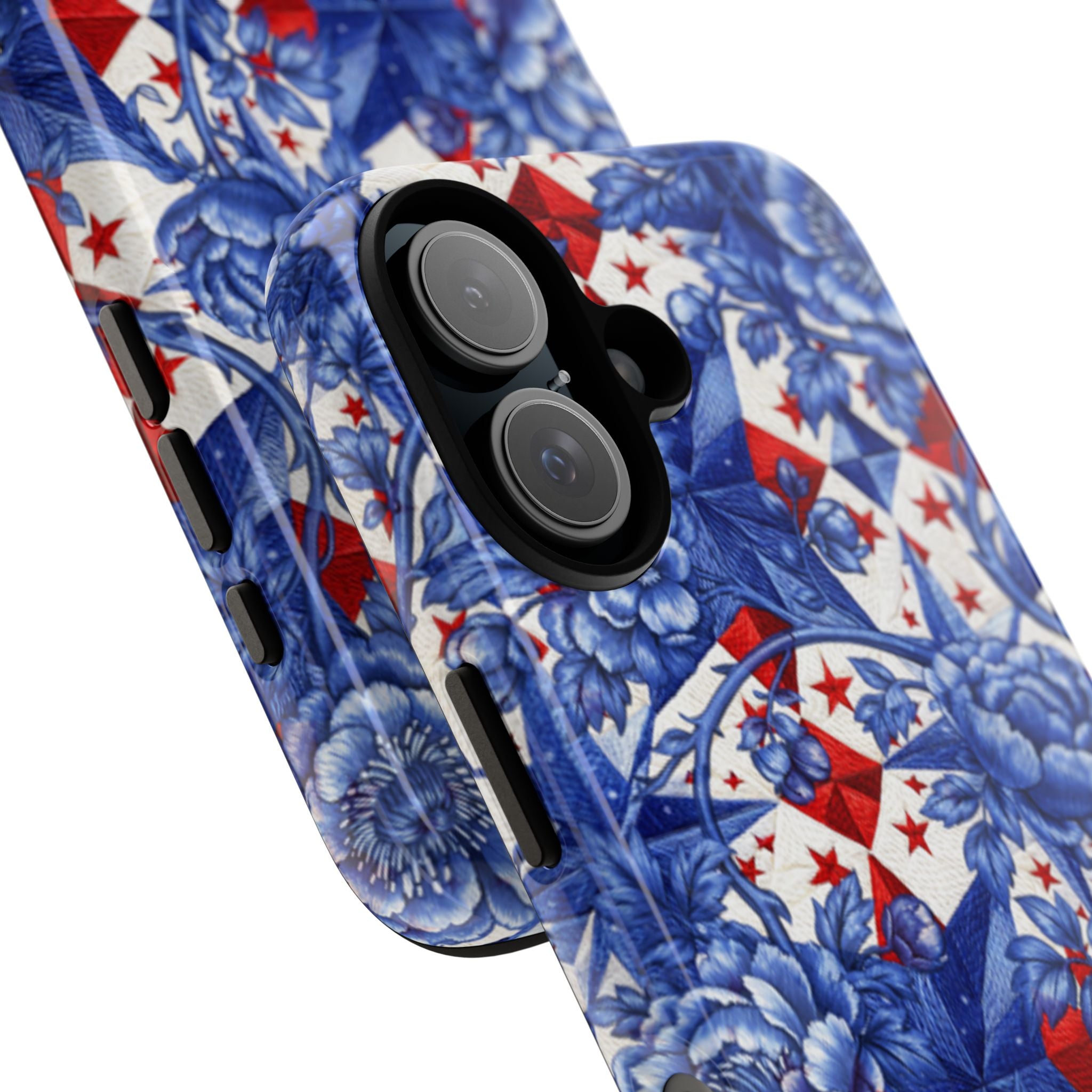 Tough phone case with a blue toile-inspired floral pattern and red patriotic stars from the America 250th Anniversary collection, shown at an angle.