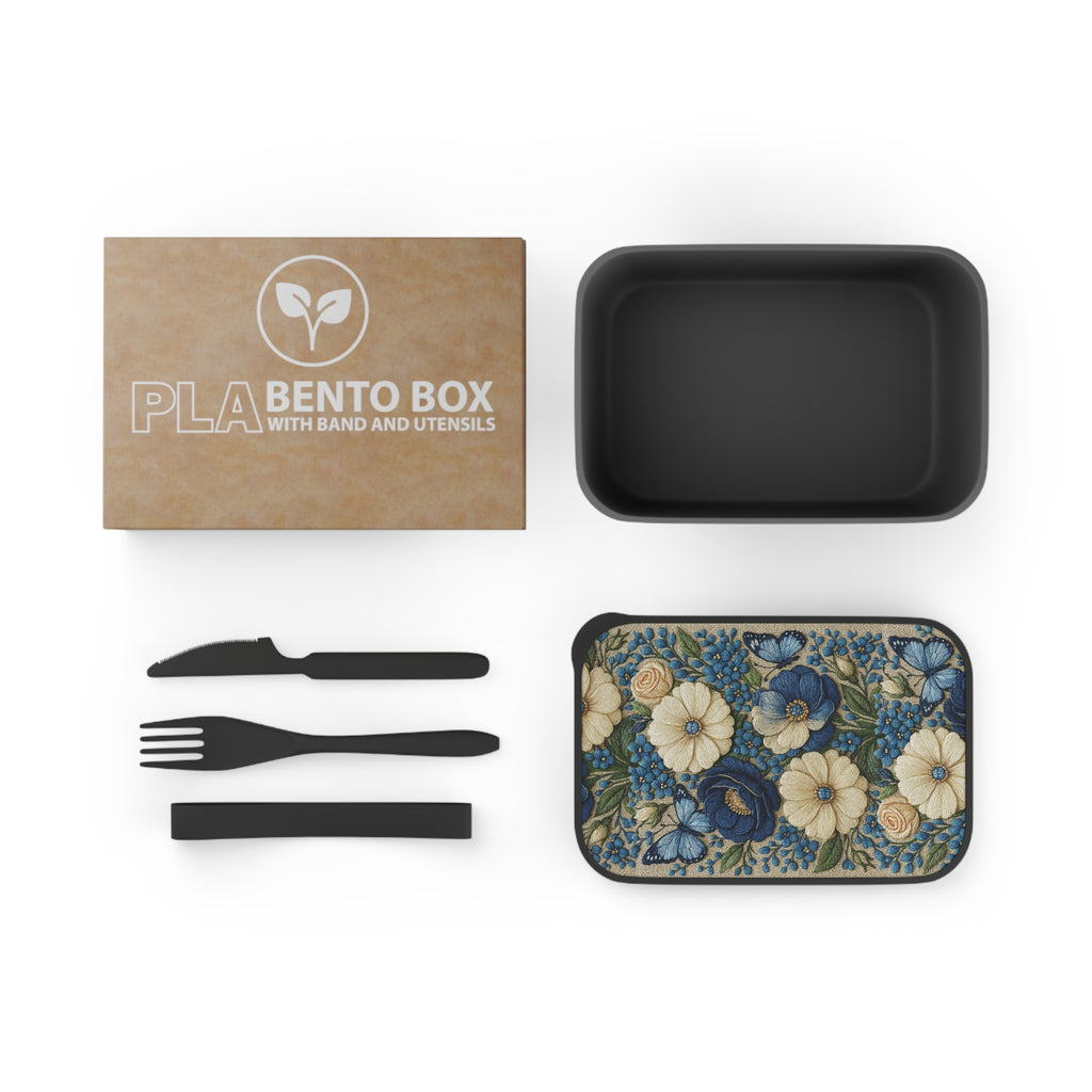 Wild Beauty Floral Bento Box | Blue Cream Botanical Lunch Box | Eco-Friendly PLA with Utensils