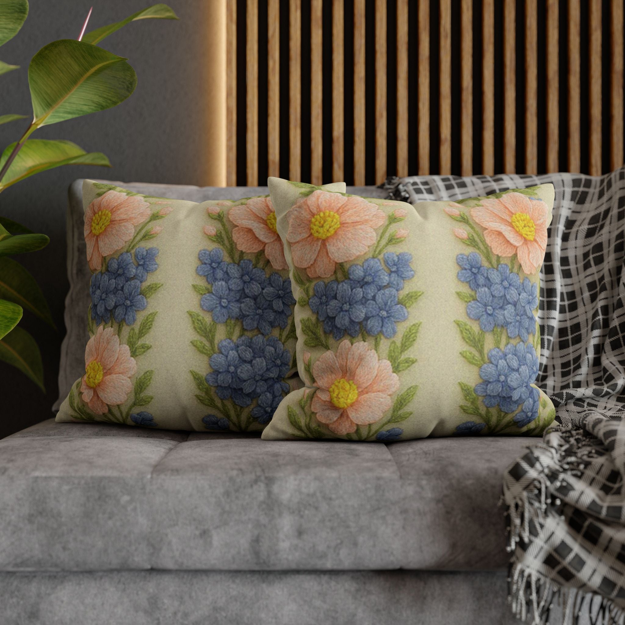 Vintage Floral Pillow Cover – Cottagecore Pink Daisies & Blue Hydrangeas | BLUESKYDEZIGN