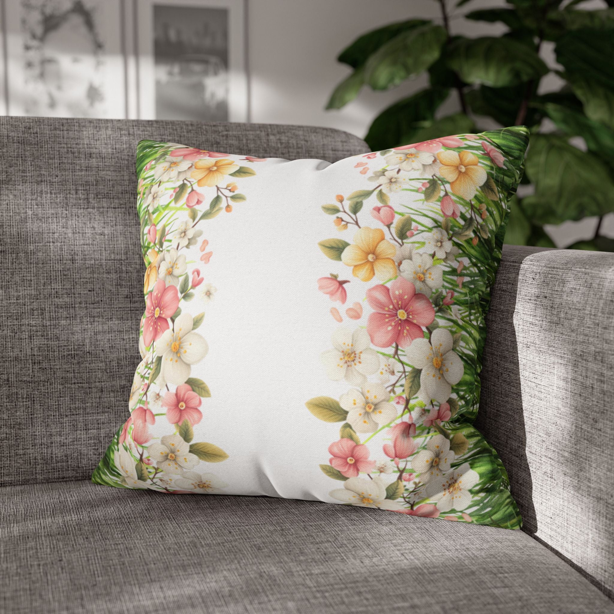 Spring Floral Pillowcase 1piece, Polyester Cushion Cover, Green Grass Border with Pink  White Flowers, Spring Home Decor