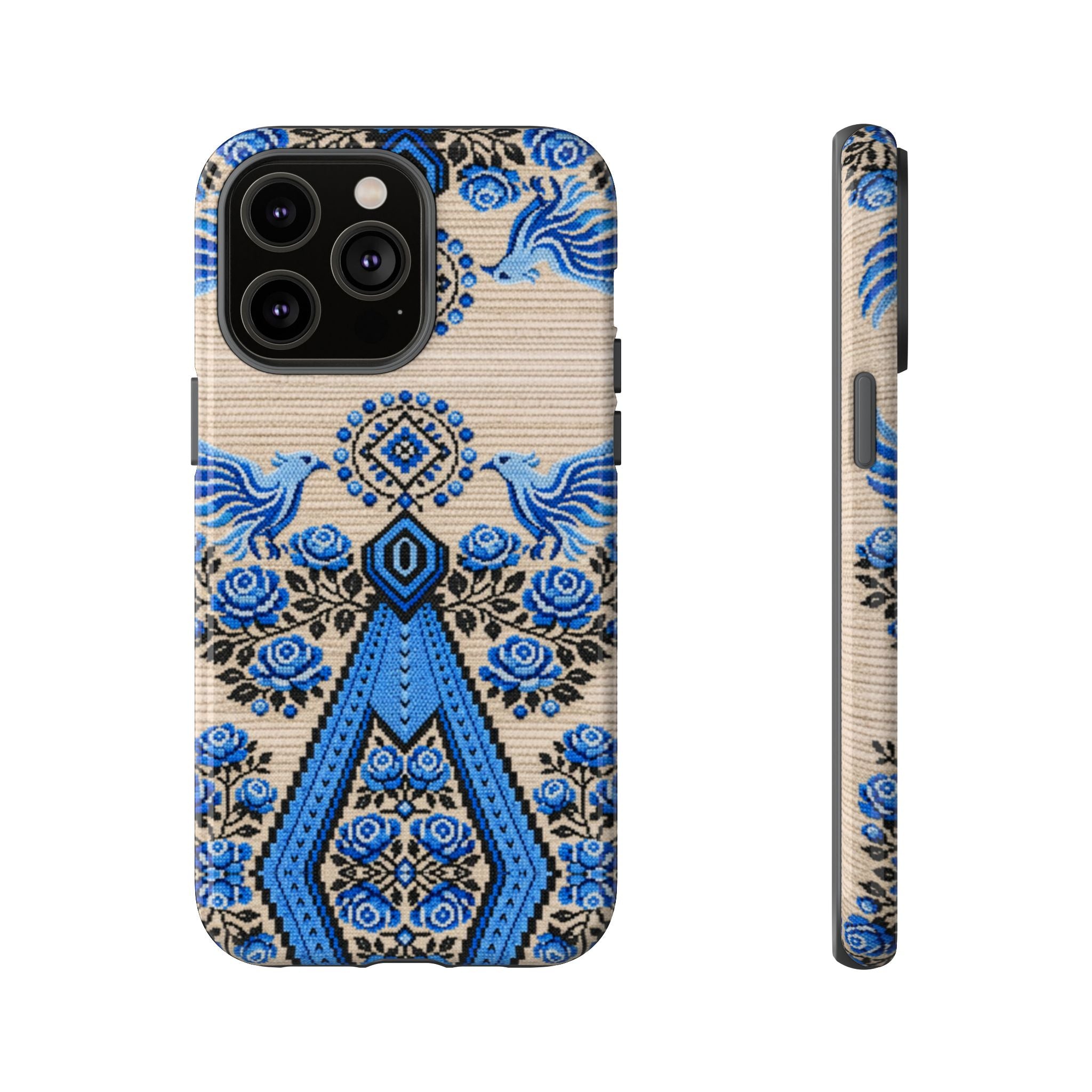 Ukrainian Phone Case  Blue Black Berehynia Design, Falcons & Roses Folk Art, Slavic Embroidery Style Protective Cover